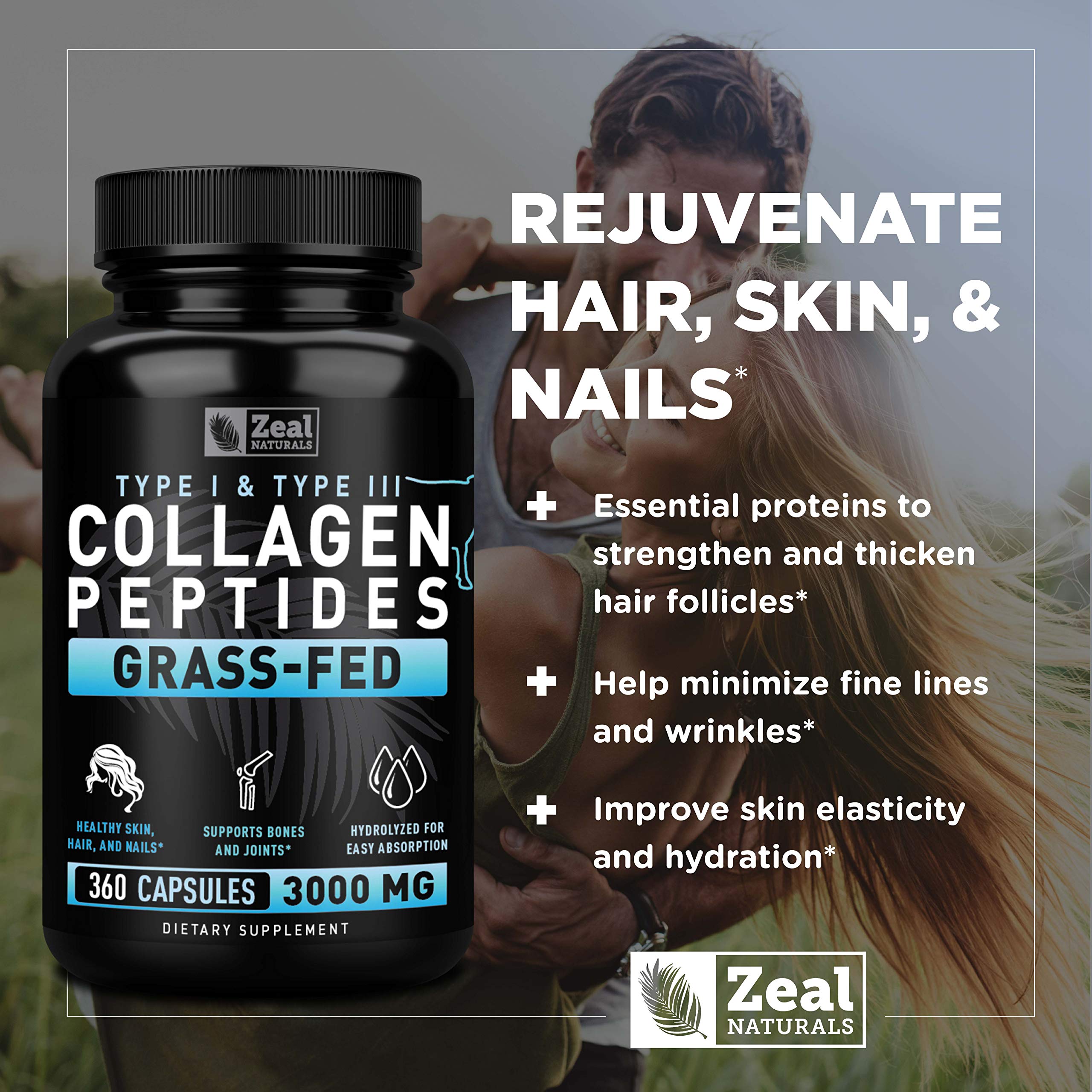 Zeal Naturals Collagen Peptides Collagen Pills (360 Capsules) Grass Fed Collagen Pepetide Powder - Hydrolyzed Collagen Powder for JointTendon SupplementHair Skin and Nails - Zeal Naturals uk supplements