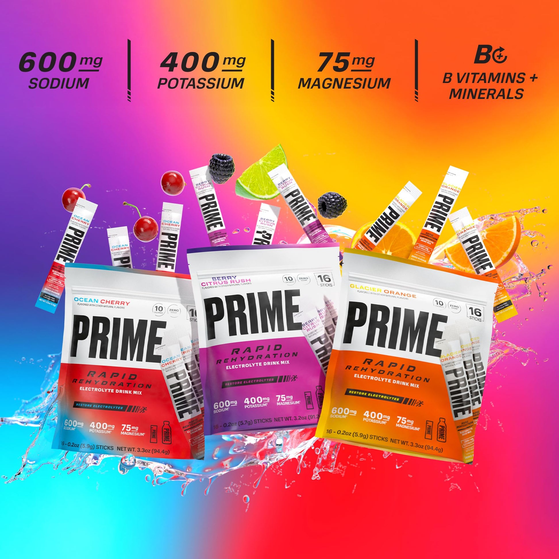 Prime Rapid Rehydration Electrolyte Powder Sticks, Ocean Cherry, Sugar Free Hydration Drink Mix with Sodium, Potassium, Magnesium & B Vitamins PRIME HYDRATION uk supplements