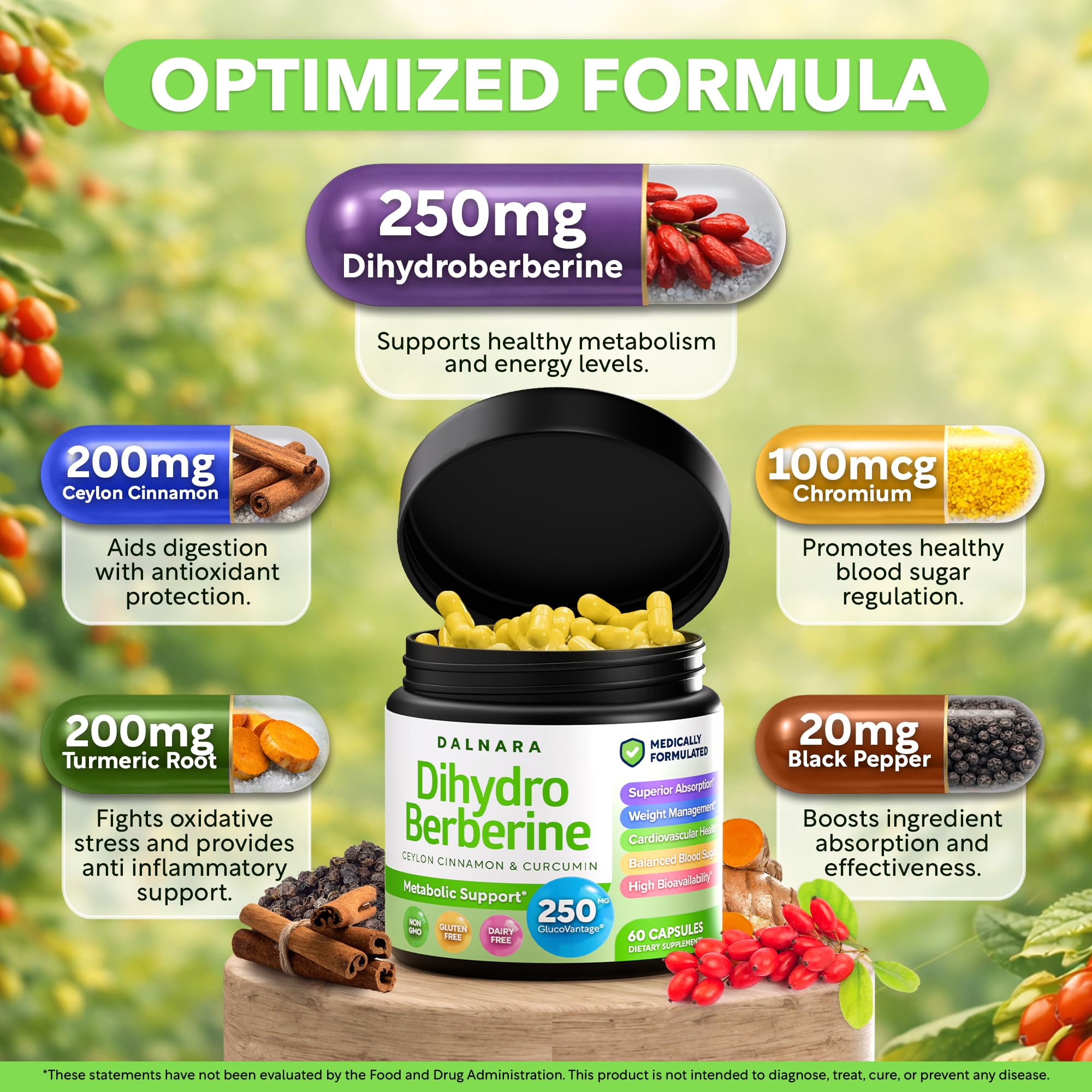 Dalnara Dihydroberberine Capsules 250mg, 60 Count - Supports Metabolic Wellness & Balanced Energy, Non-GMO,Dihydroberberine Supplement Dalnara uk supplements