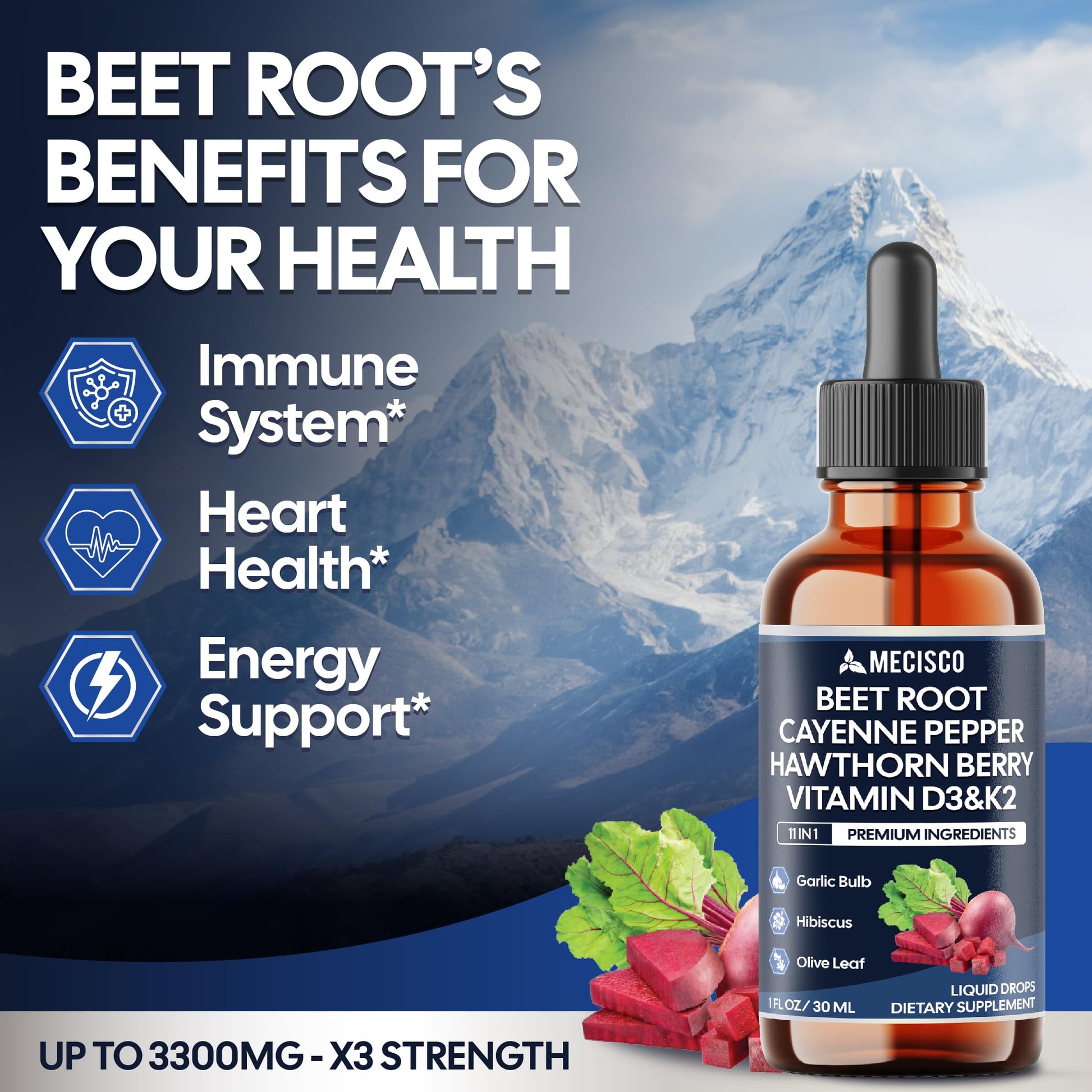 11in1 Beet Root Liquid Drops - Support Overall Wellness - with Vitamin D3, Vitamin K2, Hawthorn Berry, Cayenne Pepper, Garlic, Hibiscus, Olive, Red Spinach, Green Tea - 1 FL Oz - 60 Day Supply Mecisco uk supplements
