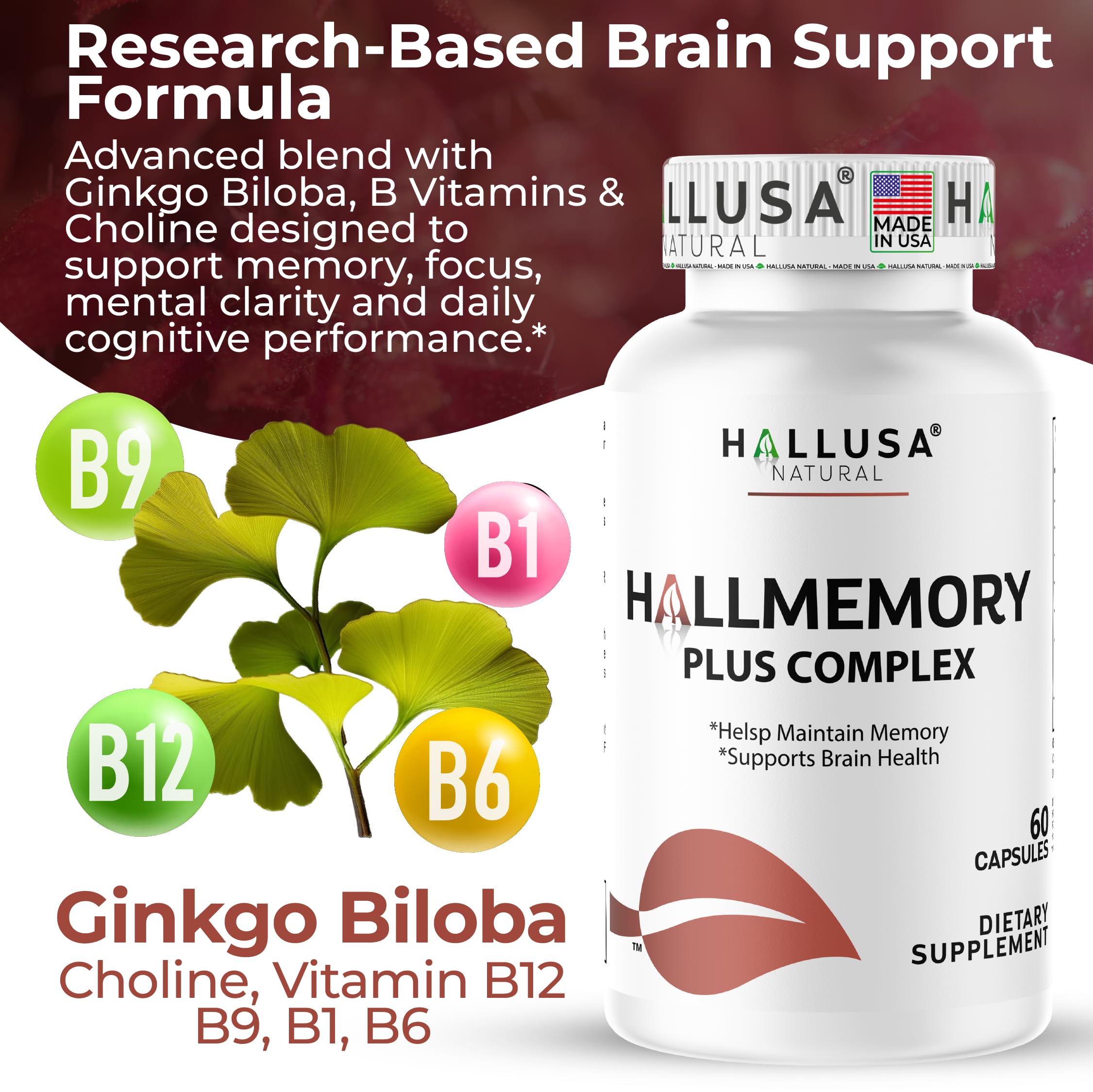 Hallusa Natural Brain Health Supplement Capsules 1680mg, Ginkgo Biloba, B Vitamins & Choline, Memory & Focus Support, Brain Booster for Men & Women, 60 Count Hallusa Natural uk supplements