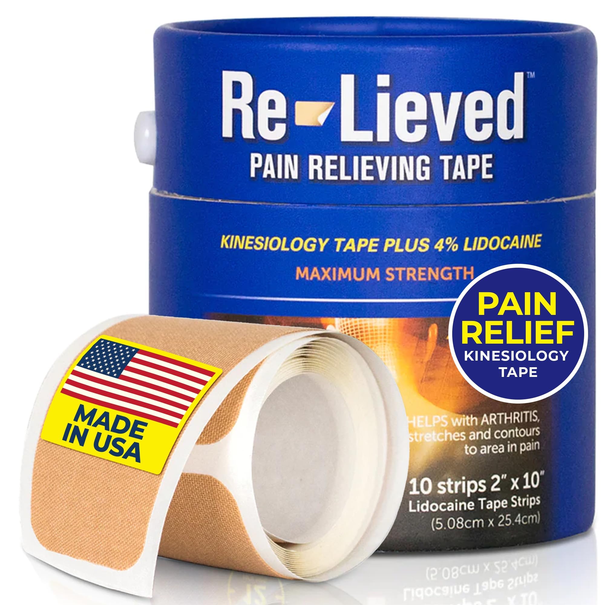 4% Lidocaine Maximum Strength Pain Relief Kinesiology Tape - Relieves Back, Joints and Muscle Pains - Superior Sticking, Aluminum-Free Water Resistant, and USA Made - 2" x 10" Strips Re-lieved uk supplements