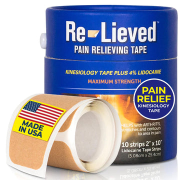 4% Lidocaine Maximum Strength Pain Relief Kinesiology Tape - Relieves Back, Joints and Muscle Pains - Superior Sticking, Aluminum-Free Water Resistant, and USA Made - 2" x 10" Strips Re-lieved uk supplements