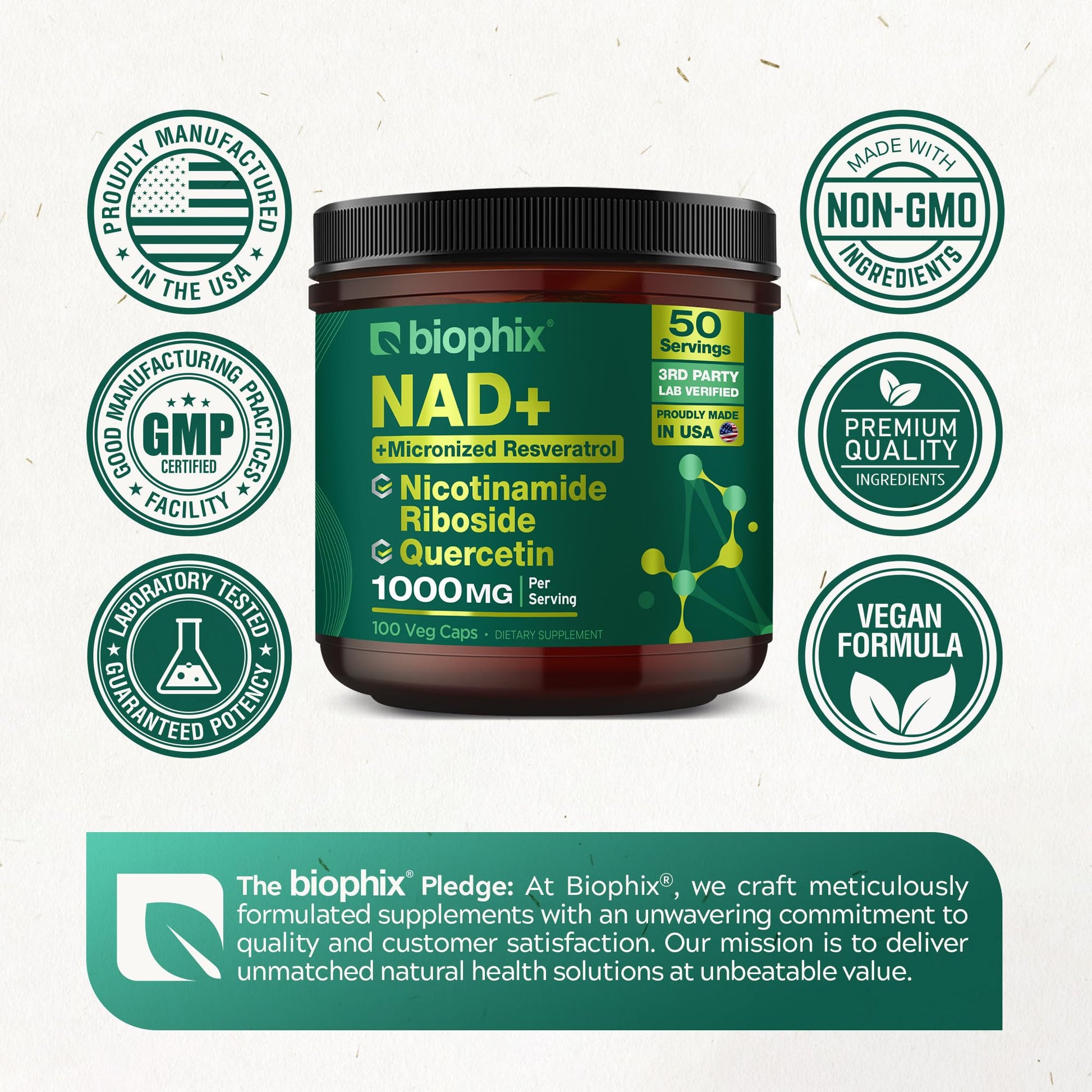 biophix NAD+ Liposomal Supplement for Women & Men - 1000 mg per Serving - Nicotinamide Riboside, Micronized Resveratrol & Quercetin Complex - 100 Veg Capsules - Non-GMO, Gluten-Free, cGMP Certified biophix uk supplements