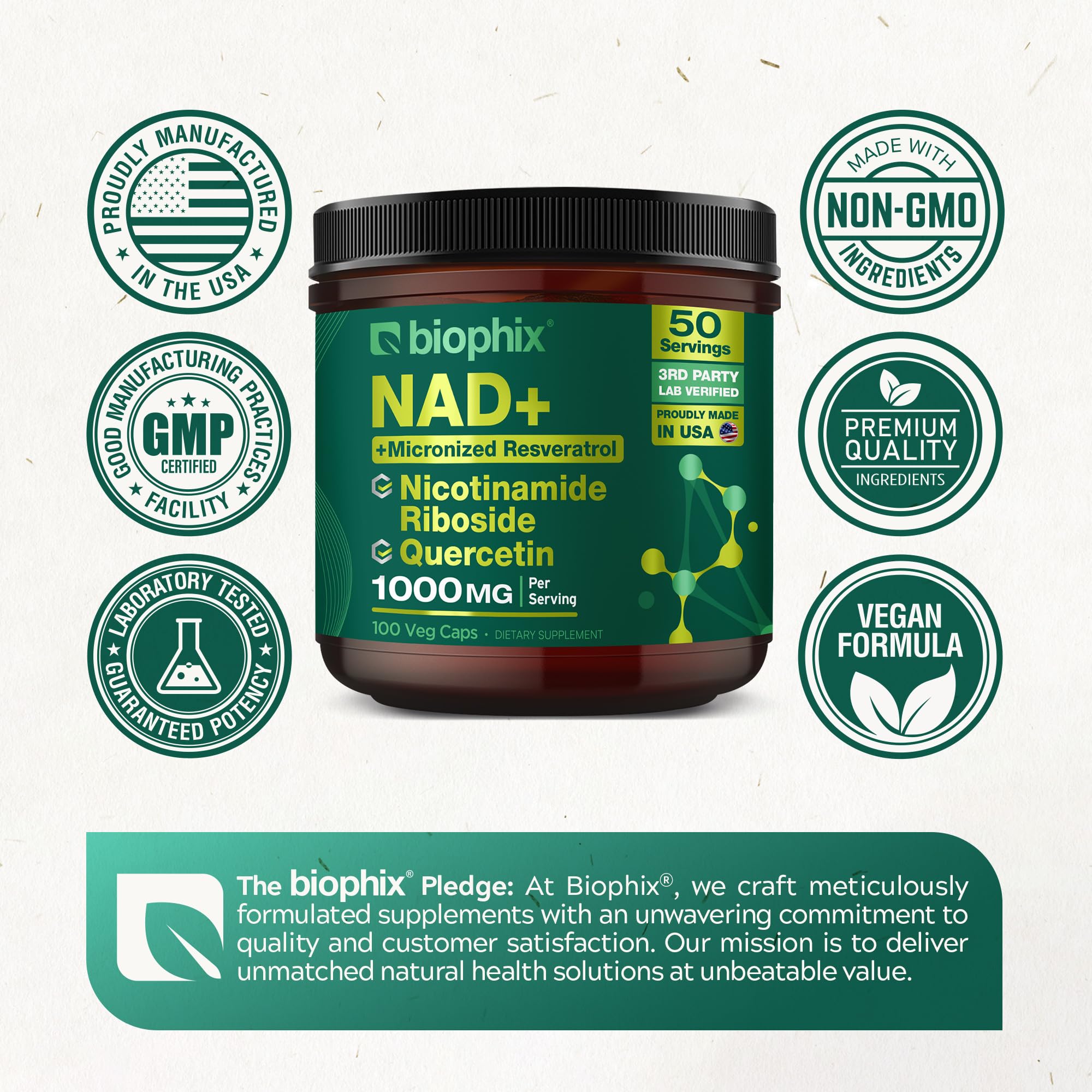 biophix NAD+ Liposomal Supplement for Women & Men - 1000 mg per Serving - Nicotinamide Riboside, Micronized Resveratrol & Quercetin Complex - 100 Veg Capsules - Non-GMO, Gluten-Free, cGMP Certified biophix uk supplements