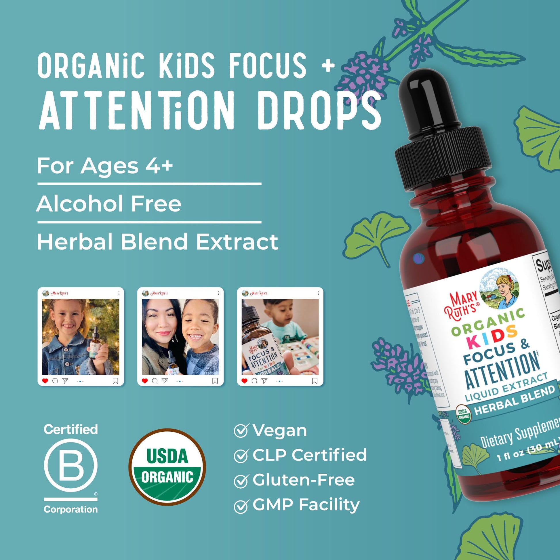 MaryRuth Organics Kids Focus & Attention Drops | USDA Organic Drops | Ginkgo Biloba | Rhodiola Root & Licorice Root | Adaptogenic | Calm | Vegan | Non-GMO | Gluten Free | 30 Servings MARYRUTH'S uk supplements