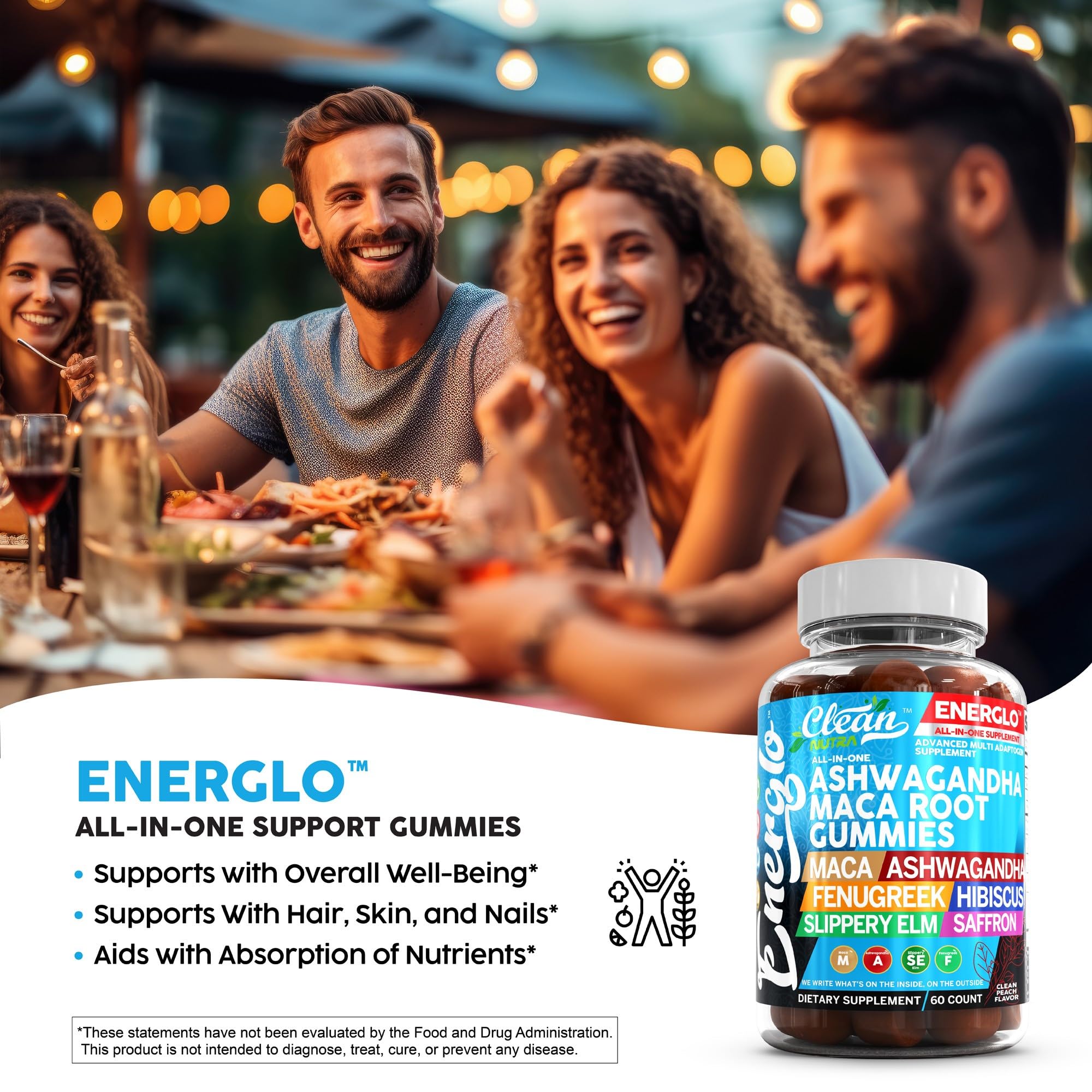 Ashwagandha Maca Root Gummies with Fenugreek Hibiscus Slippery Elm Saffron Extract & Beta Carotene | Peach Flavor Vegan Gummy Vitamins Adaptogen Cortisol Supplement Energlo by Clean Nutra Clean Nutraceuticals uk supplements
