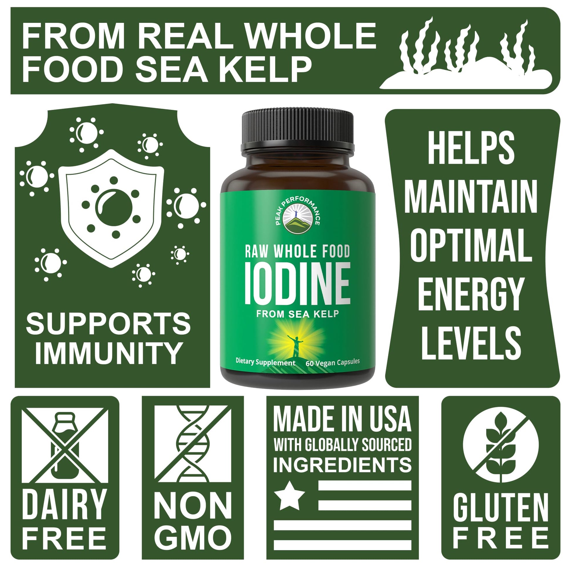 Raw Whole Food Iodine Supplement from Organic Kelp (Ascophyllum Nodosum) by Peak Performance. Potassium Iodide Support Tablets. for Metabolism, Energy, and Immune. 60 Vegan Capsules, Pills. Peak Performance uk supplements