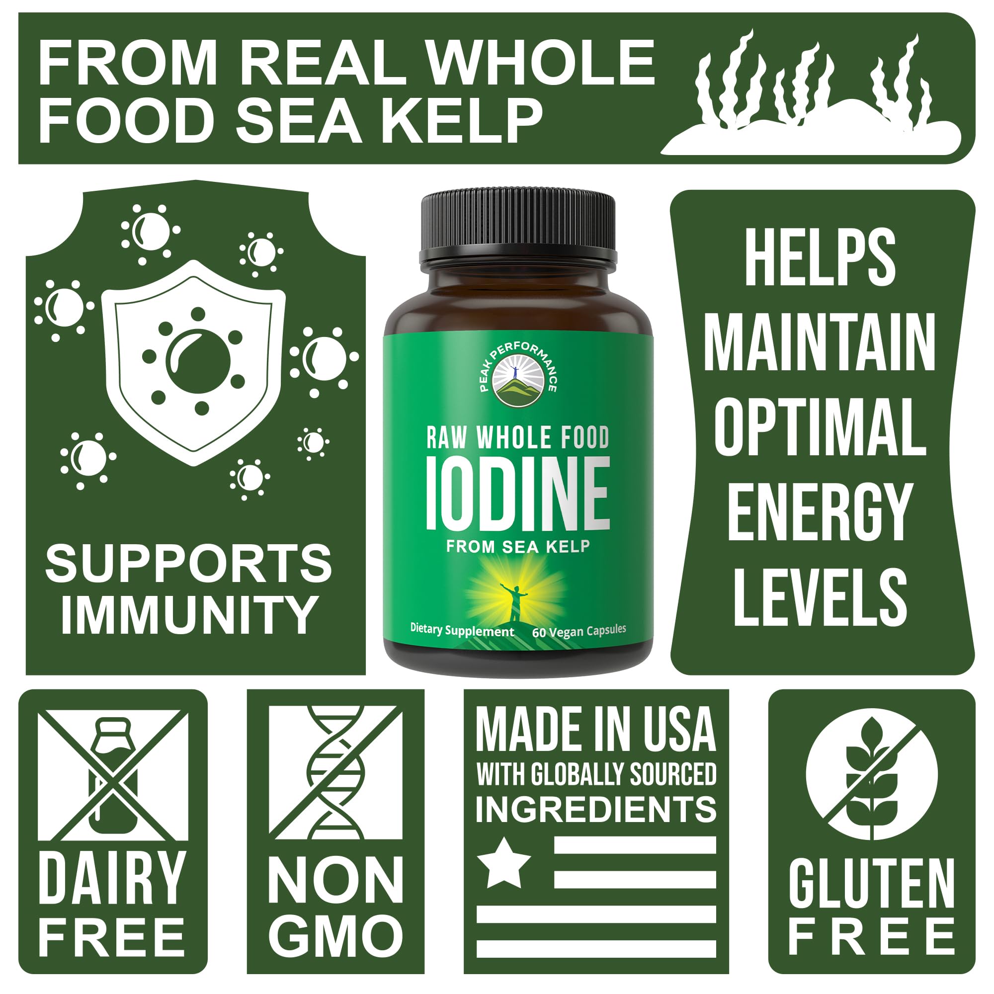 Raw Whole Food Iodine Supplement from Organic Kelp (Ascophyllum Nodosum) by Peak Performance. Potassium Iodide Support Tablets. for Metabolism, Energy, and Immune. 60 Vegan Capsules, Pills. Peak Performance uk supplements