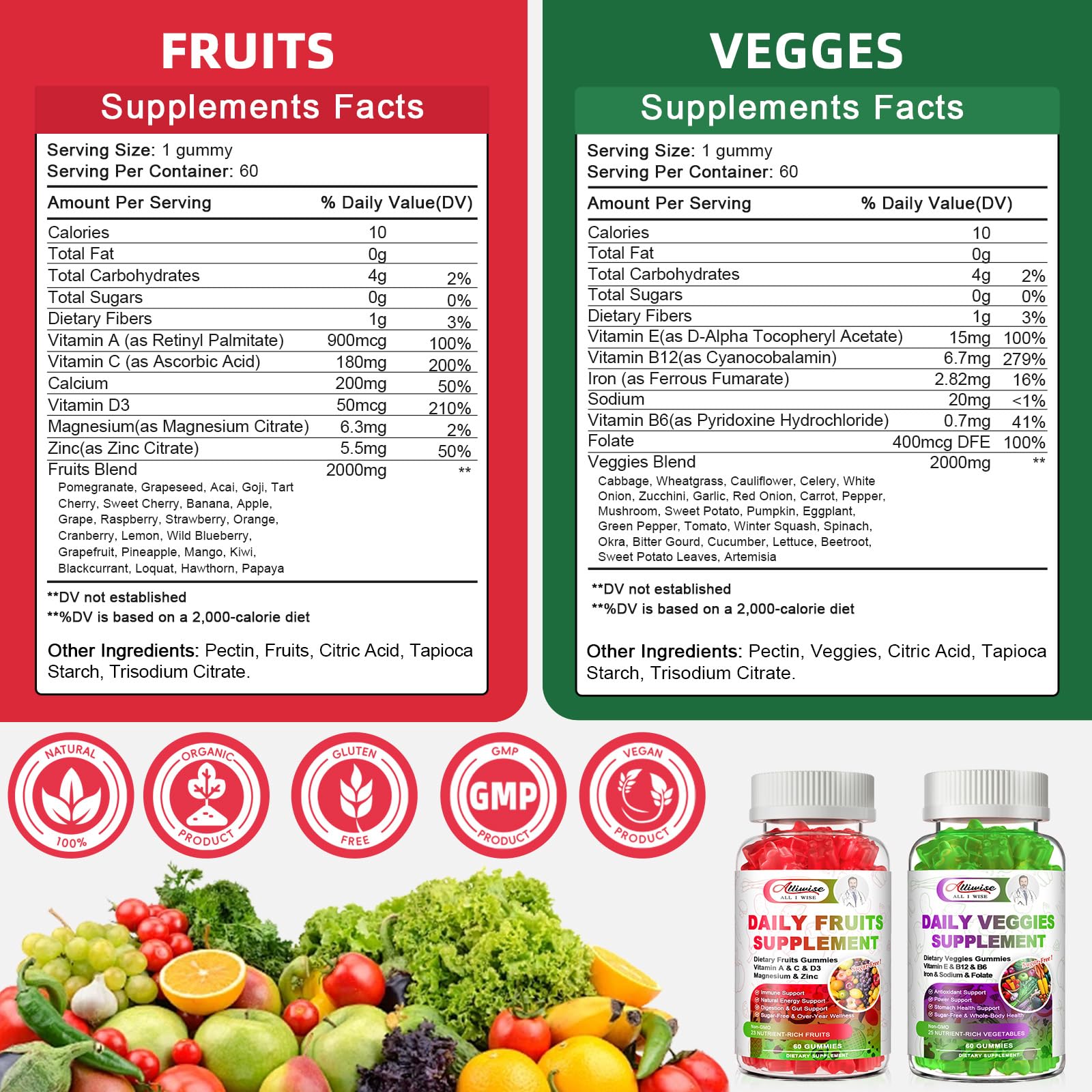 Sugar-Free Fruits & Veggies Gummies, Super Greens with 23 Fruits & 25 Veggies, Multivitamin Minerals & Fiber, Vegan Fruit & Vegetable Supplement for Adults, 120 Gummies, 2 Month Supply Alliwise uk supplements