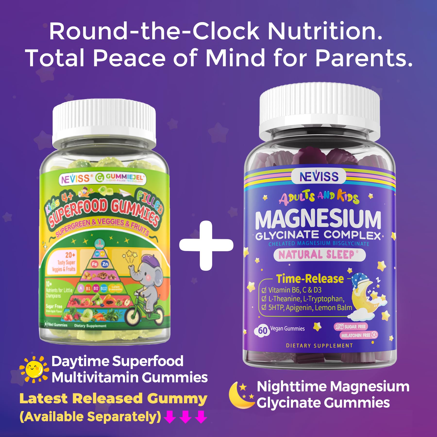 Magnesium Glycinate Gummies for Adults & Kids 4+, Sugar Free Magnesium Bisglycinate Supplement 400/200mg with B6D3, 5HTP, L-Theanine for Sleep & Relaxation, Brain, Muscle, Melatonin Free Gummies,2Pack NEVISS uk supplements