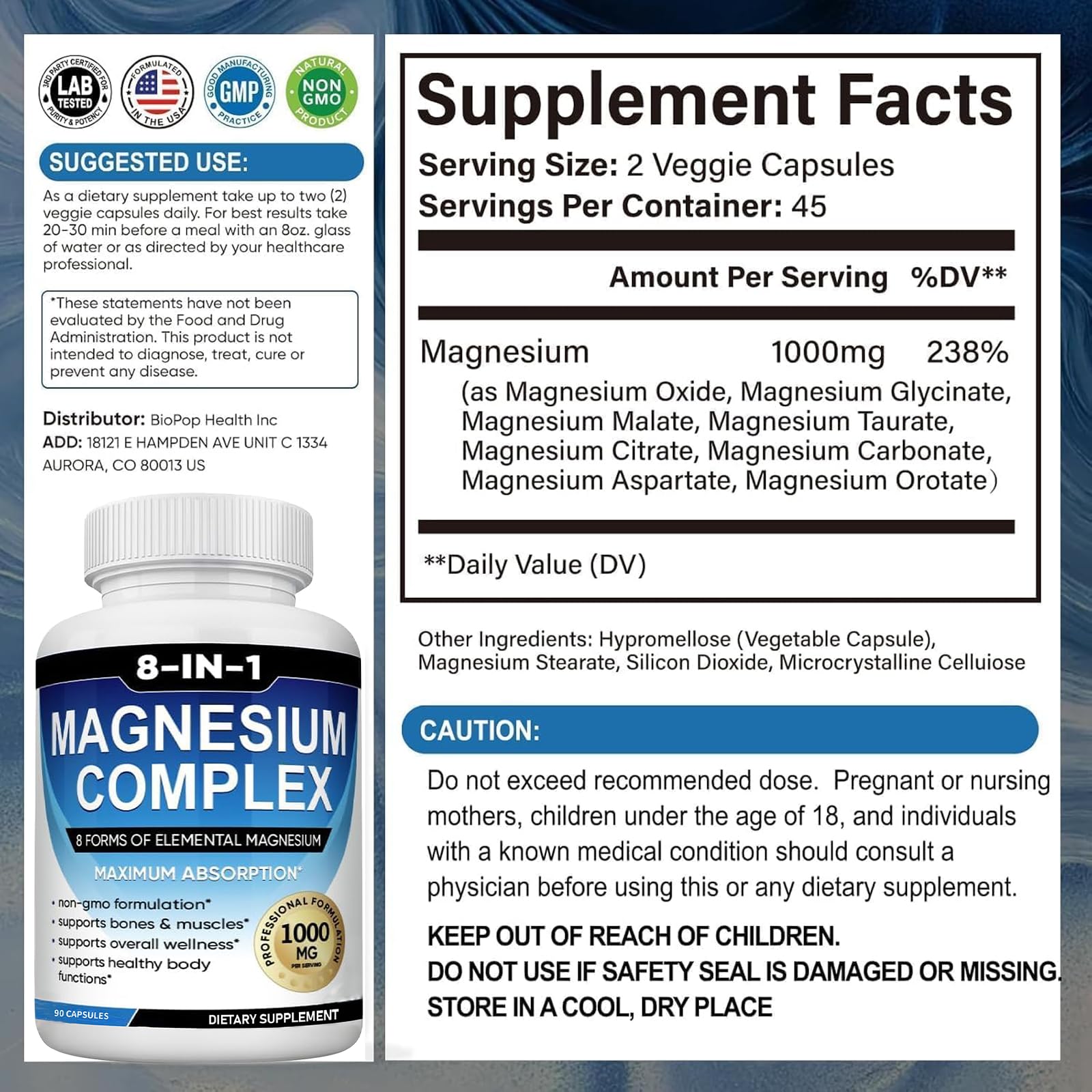 Magnesium Complex Supplement 8 Elemental 1000mg with Glycinate,Citrate for Muscle, Recovery, Stress, Energy, Bone Health, Vegan Non-GMO 180 Capsules, Magnesium Supplement for Women, Men, 2 Bottle caicieter uk supplements