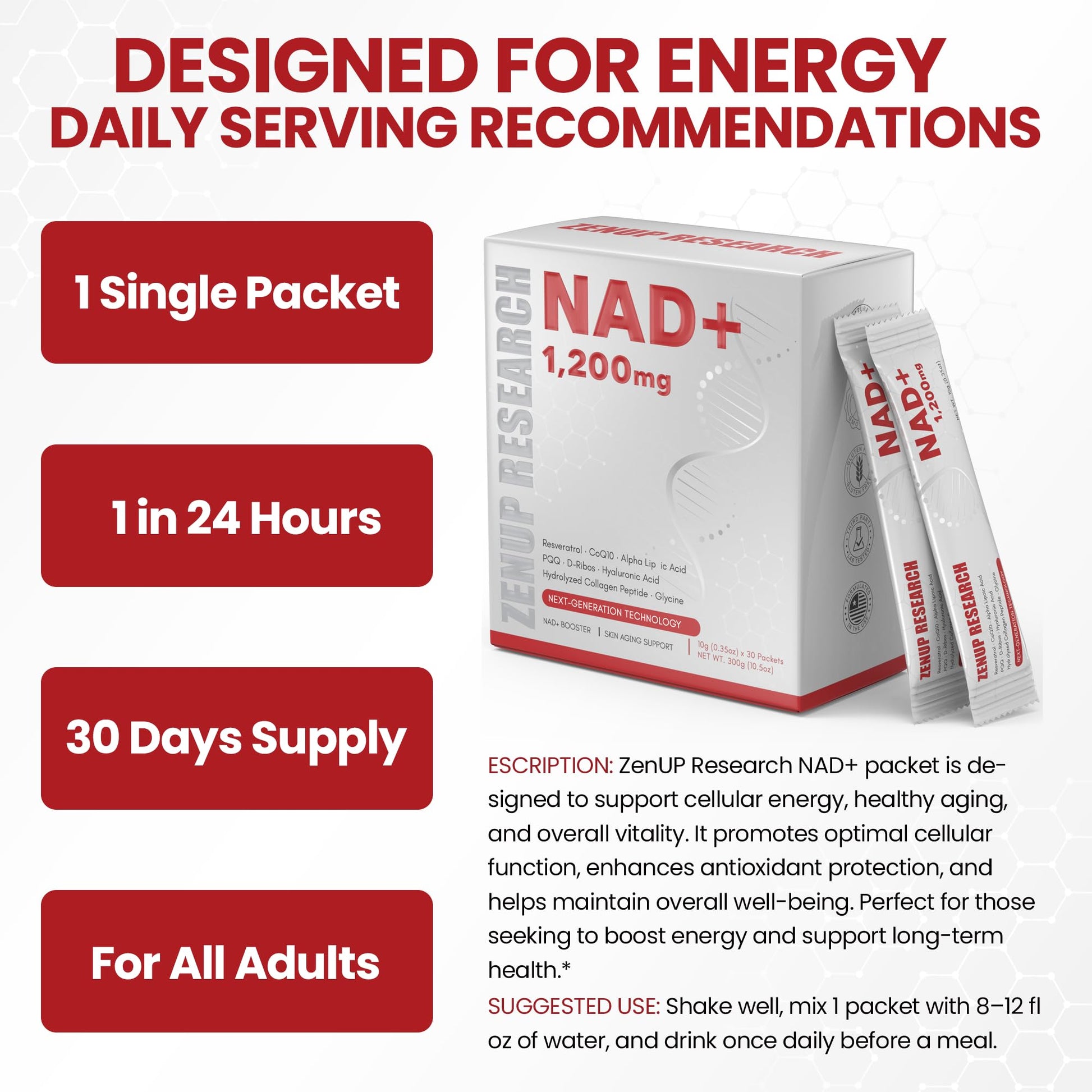 ZenUP Liquid NAD, Extra Strength 1,200mg NAD+ Supplement with CoQ10, Resveratrol, D-Ribose & PQQ for Men & Women, Natural NAD+ Stick for Anti-Aging, Energy, Focus - 30 Packets ZenUP uk supplements