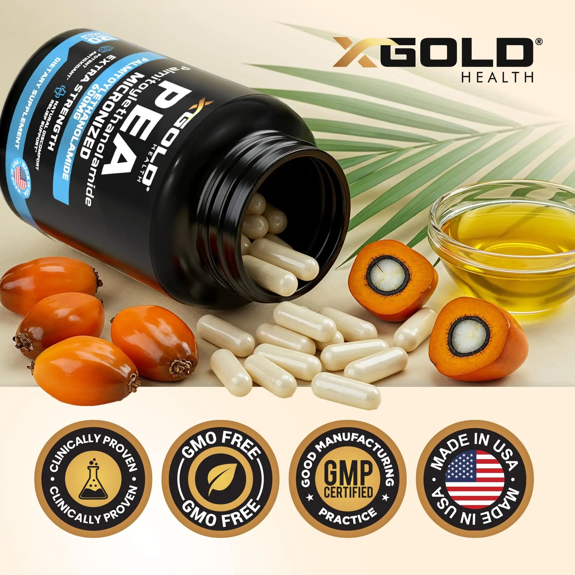 Palmitoylethanolamide Pea Supplement 600 mg | Micronized Pea 99% Highly Purified and Bioavailable | Made in USA | Supplement for Men and Women - 120 Capsules X Gold Health uk supplements