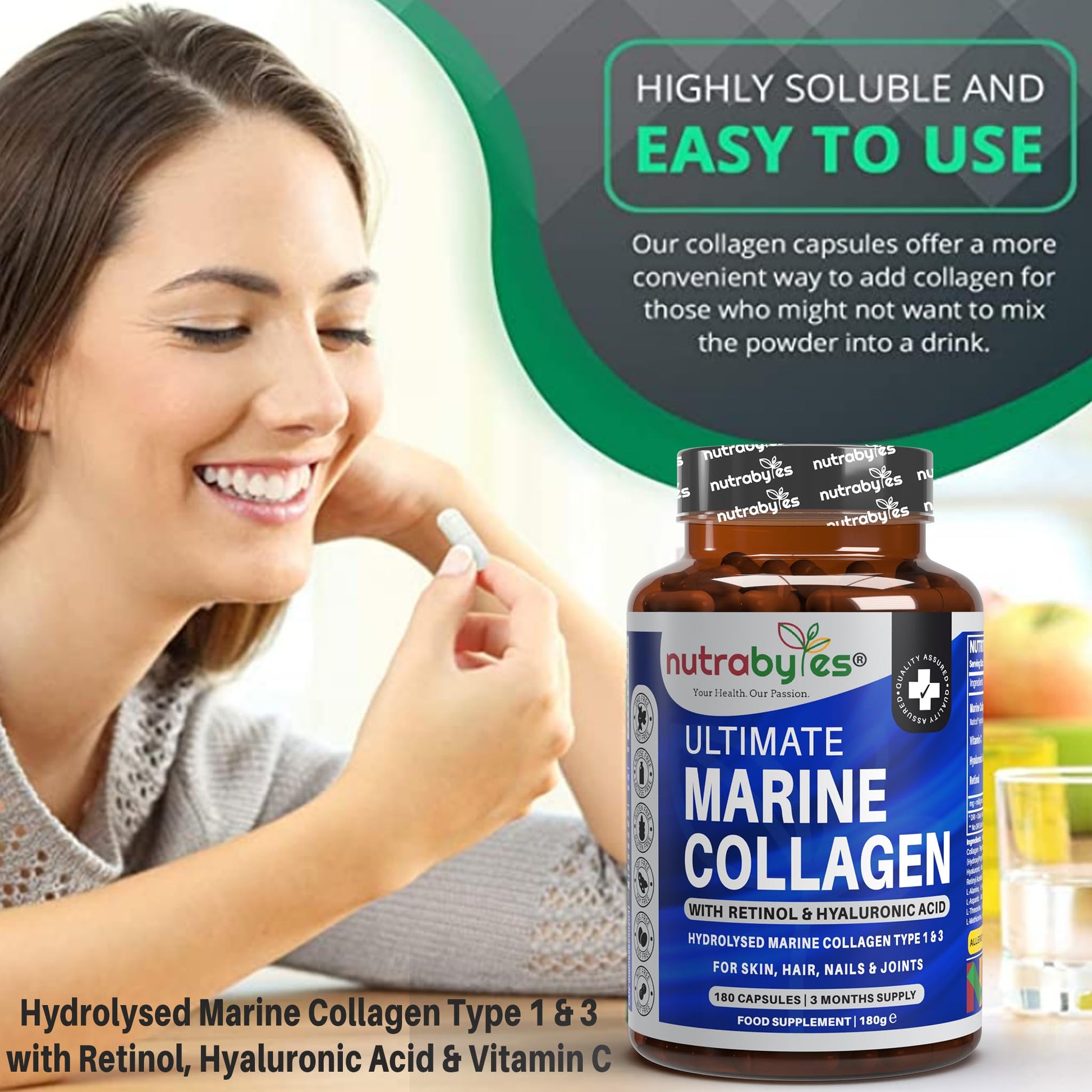 High Strength Marine Collagen with Hyaluronic Acid, Retinol and Vitamin C | 180 Capsules - 3 Months Supply NUTRABYTES uk supplements