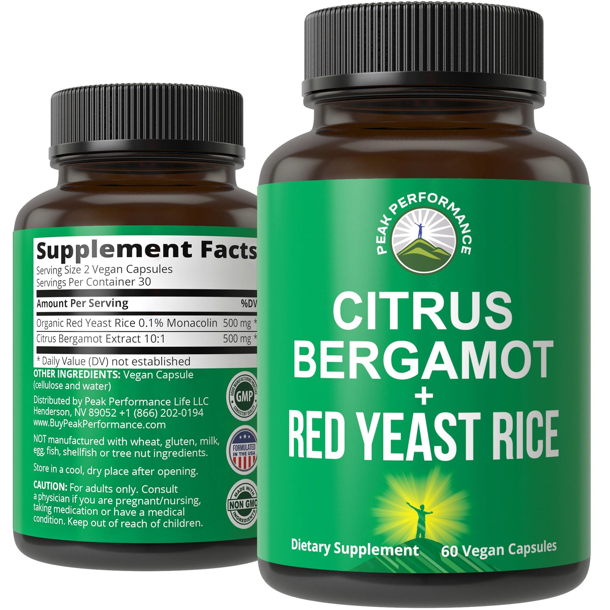 Citrus Bergamot + Red Yeast Rice. 2-in-1 Supplement. High Strength 10:1 Bergamot Extract. No Gluten, Zero Sugar, Vegan Capsules Peak Performance uk supplements