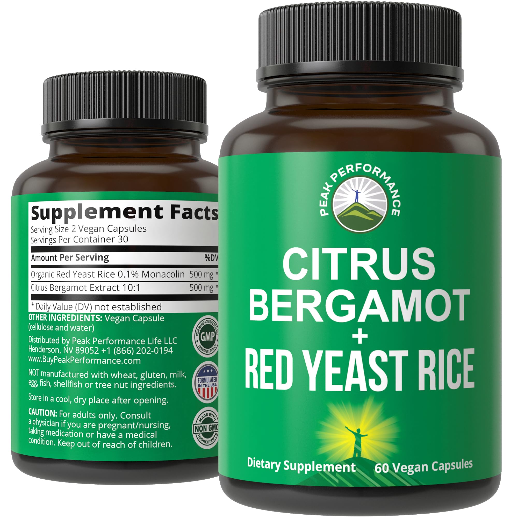 Citrus Bergamot + Red Yeast Rice. 2-in-1 Supplement. High Strength 10:1 Bergamot Extract. No Gluten, Zero Sugar, Vegan Capsules Peak Performance uk supplements