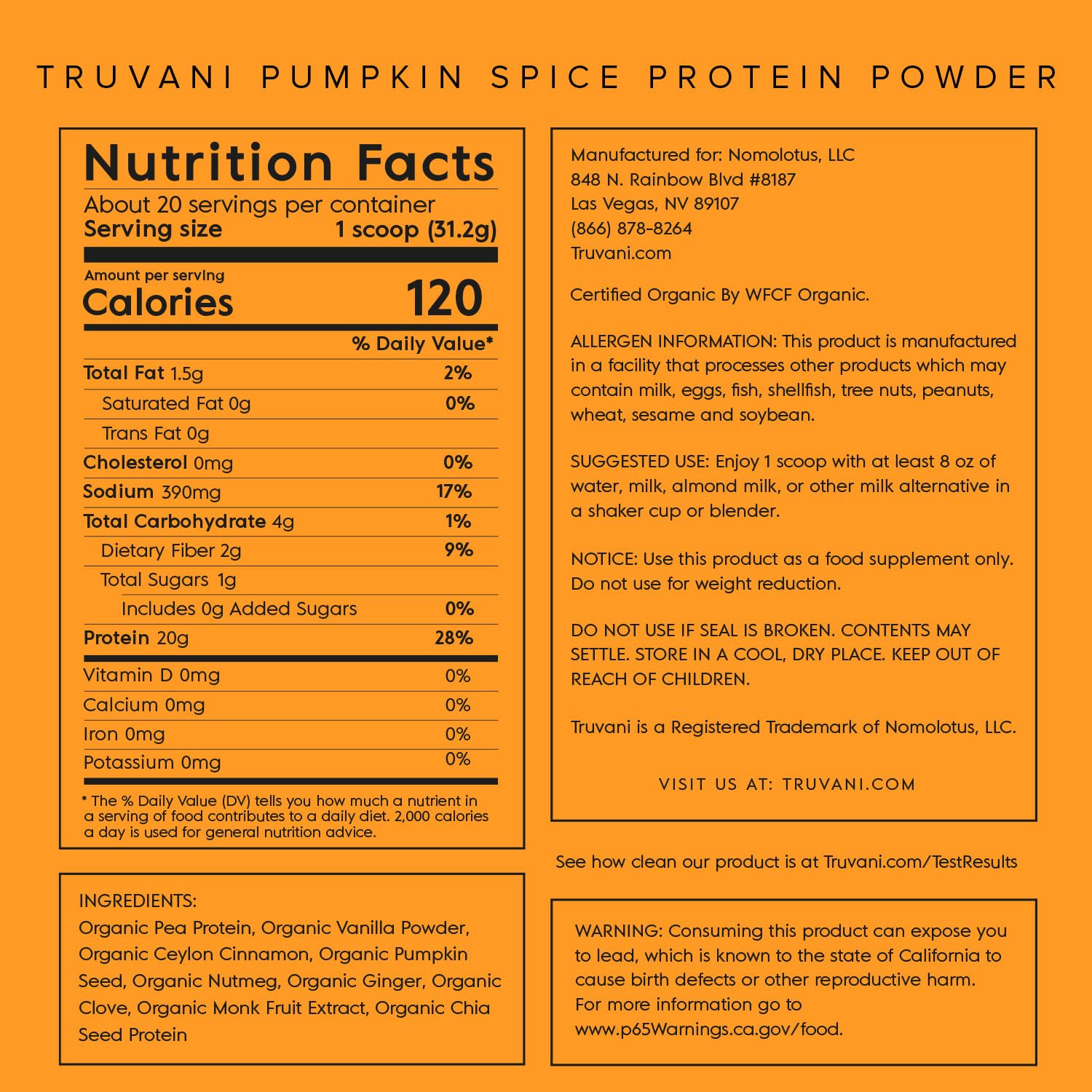 Truvani Organic Vegan Protein Powder Pumpkin Spice - 20g of Plant Based Protein Truvani uk supplements