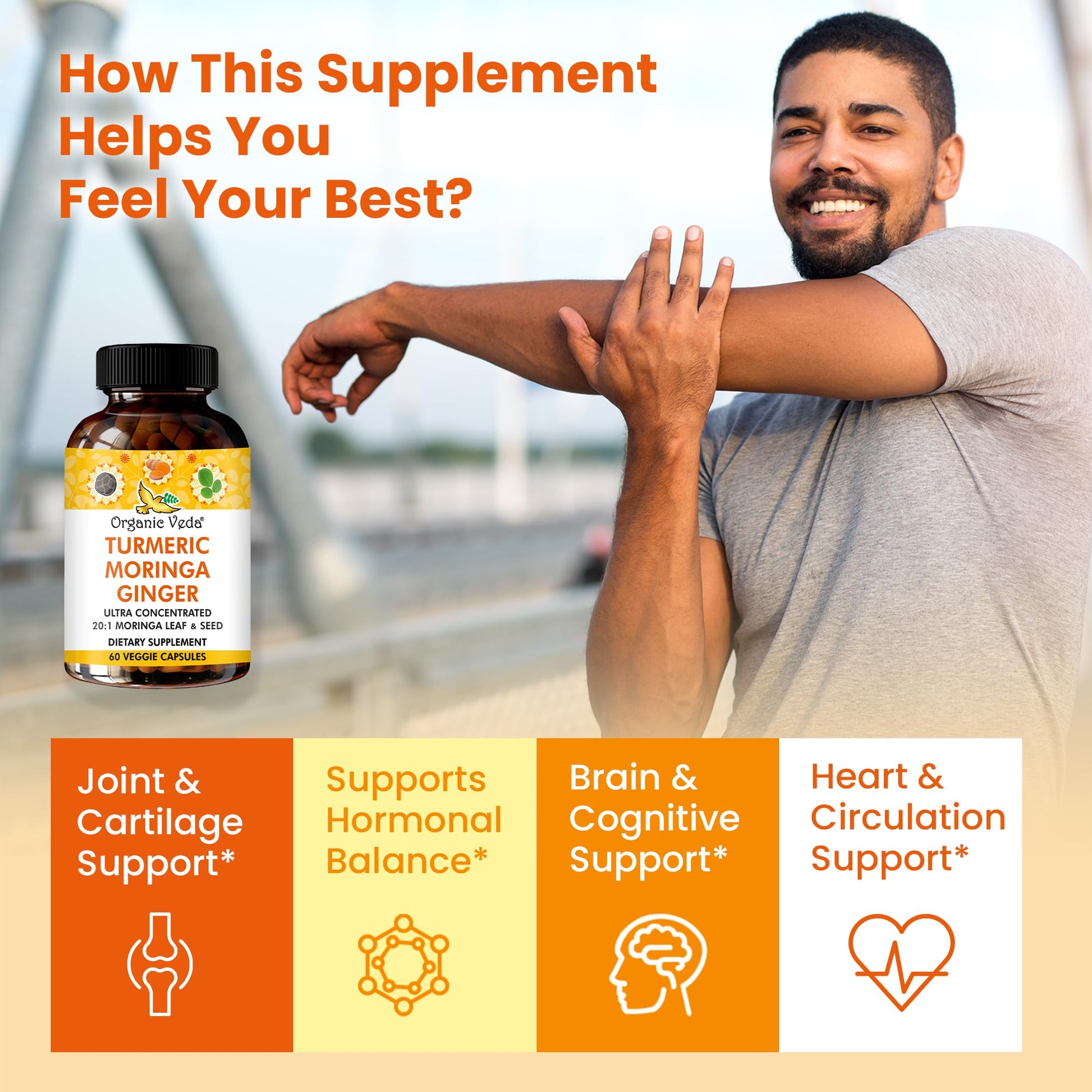 Organic Veda Turmeric Moringa Ginger Capsules - Super Antioxidants & Curcumin Supplement with 20:1 Moringa Leaf & Seed Extract, Black Pepper - Energy, Joints, Heart Health Support - 60 Vegan Pills Organic Veda uk supplements