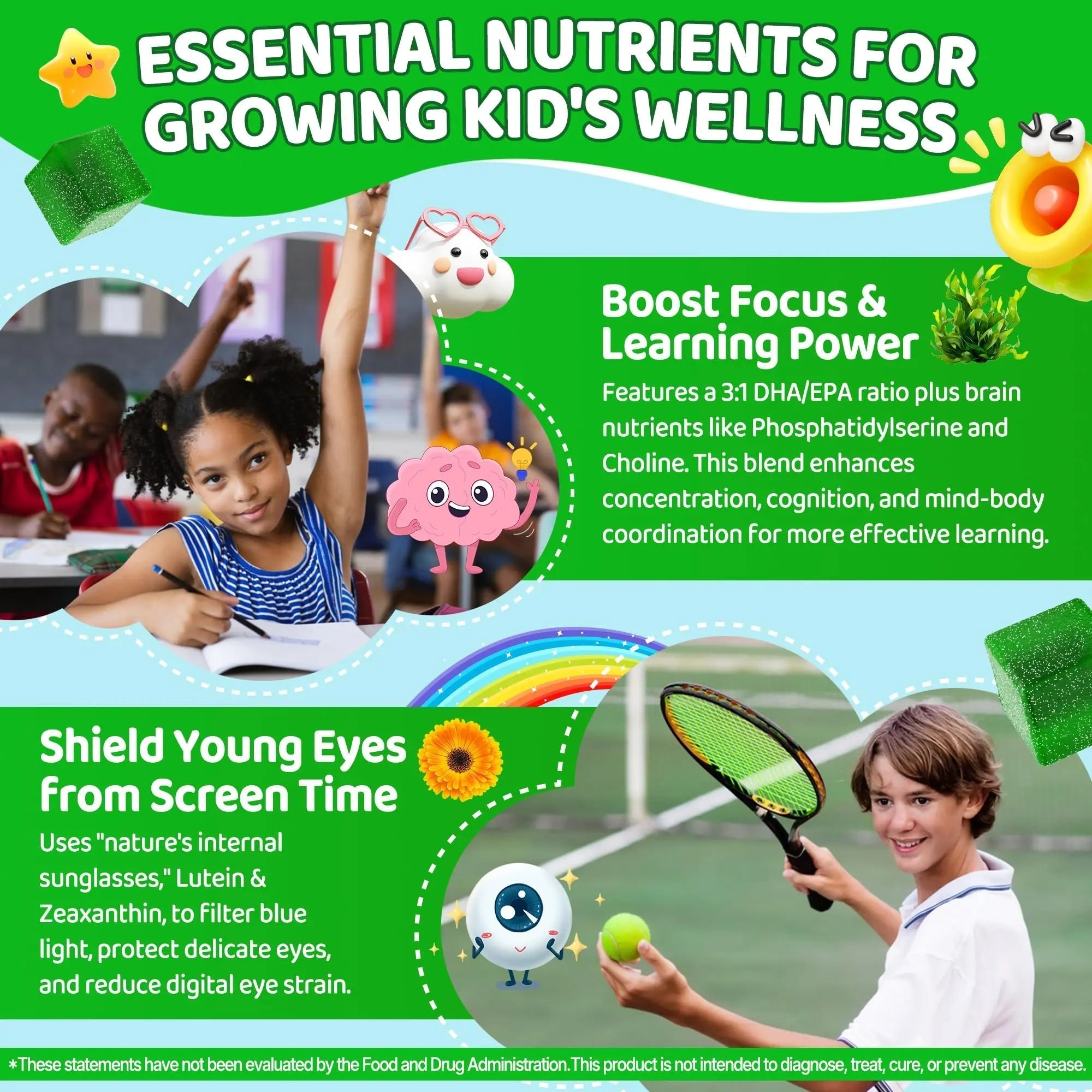 Kids Super Greens Gummies, w/Multivitamins, Spirulina, Chlorella, Spinach, Broccoli, Calcium, Omega-3 (DHA/EPA) EnvyCure uk supplements