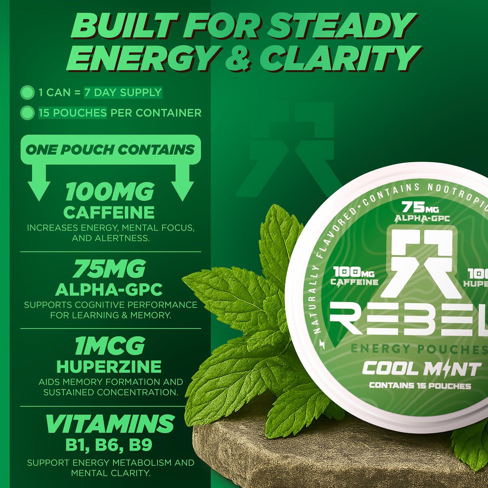 Rebel Nootropic Energy Caffeine Pouches (Cool Mint) • 100mg Caffeine • Alpha GPC • Huperzine A & Essential Vitamins • Sugar-Free • Coconut Fiber Technology • 15 Pouches Per Can (Pack of 4) Rebel Supplements uk supplements