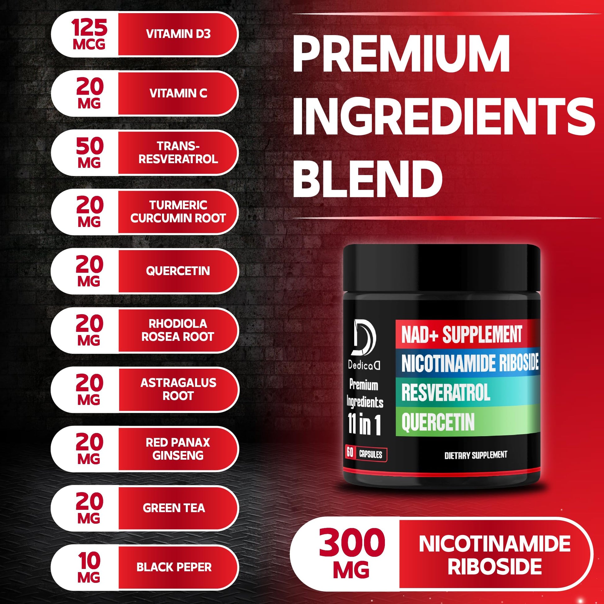 DEDICAD 11in1 NAD Supplement with Nicotinamide Riboside, Quercetin, Resveratrol and 8 More - 2 Month Supply DEDICAD uk supplements