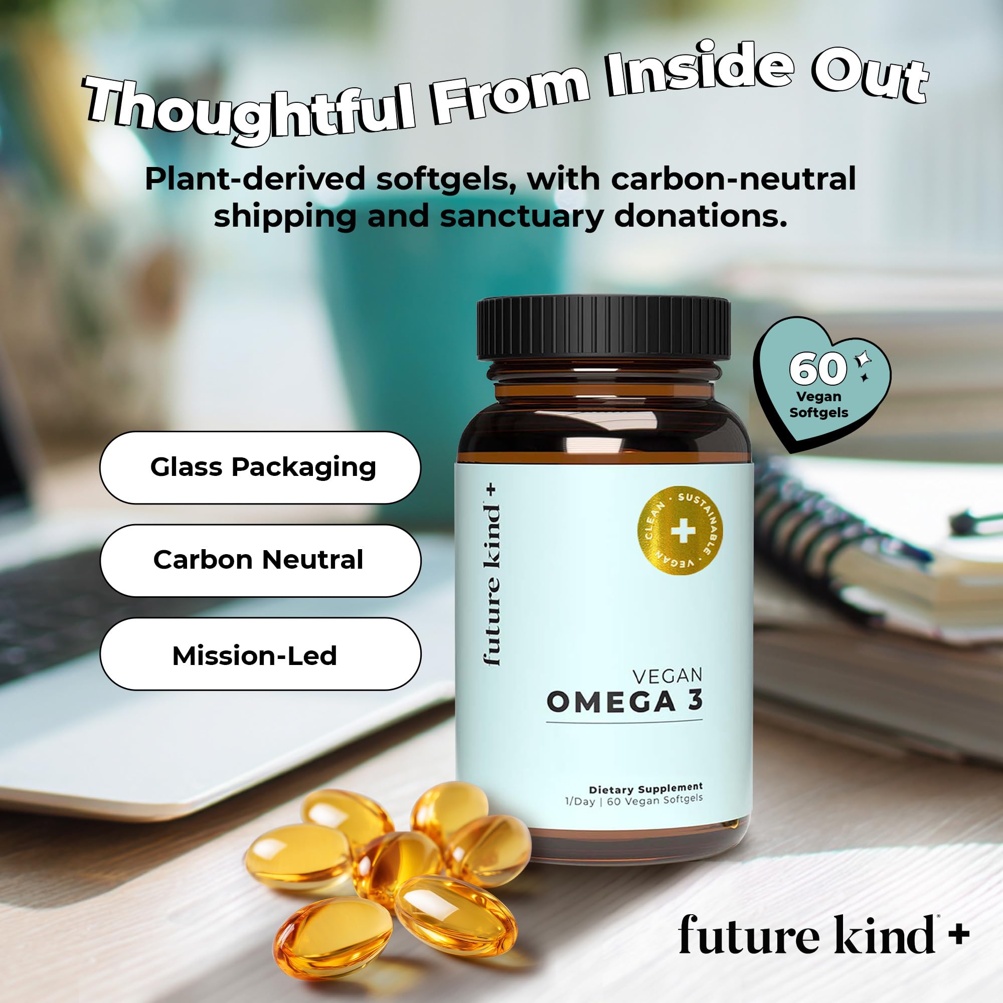 Future Kind Omega-3 Supplement for Clarity, Memory, and Mobility Comfort, 2 Months Supply of Citrus-Scented Softgels with EPA and DHA, Vegan Omega-3 Supplement from Algae, Carrageenan Free, 60 Count Future Kind uk supplements