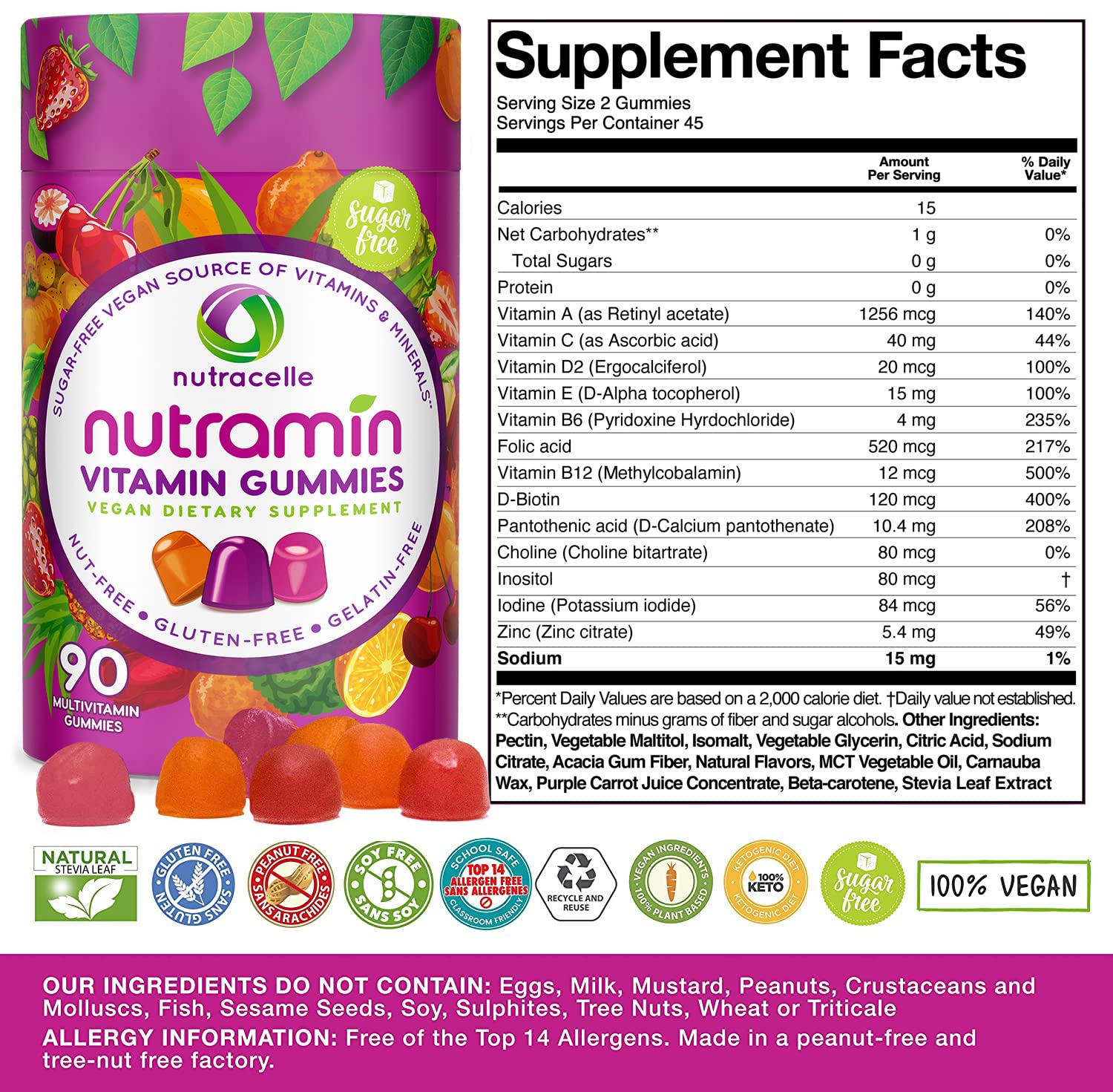 NUTRAMIN Daily Vegan Keto Multivitamin Gummies Vitamin C, D2, and Zinc for Immunity Nutracelle uk supplements
