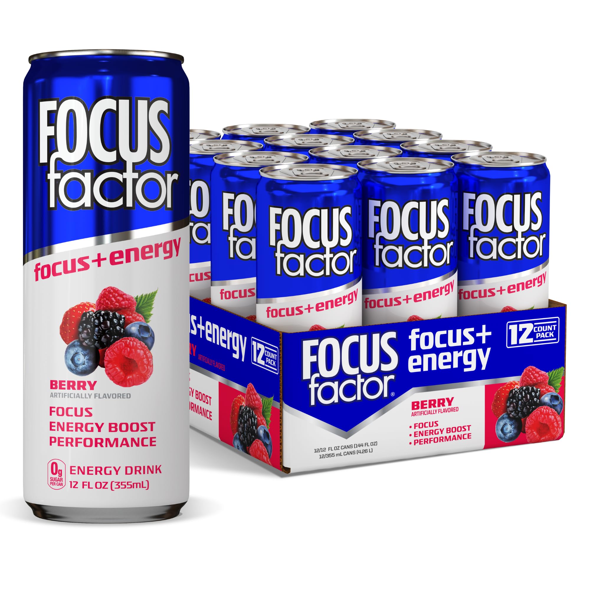 Focus Factor Energy Drink - 12 x 355ml Cans (Berry Flavour) - with Focus + Energy - Lightly Carbonated, Sugar Free, Low Calorie with Vitamin B6 & Vitamin B12 Focus Factor uk supplements
