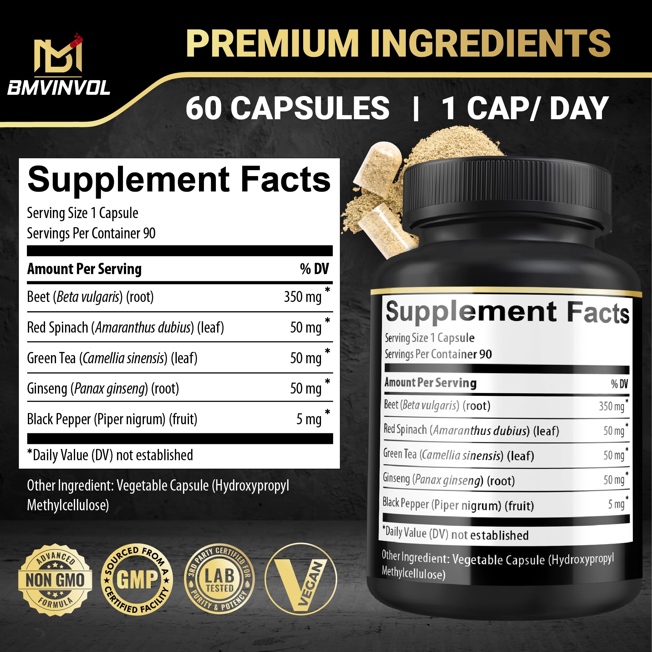 Beet Root Capsules - Green Tea, Red Spinach, Ginseng, Black Pepper - 90 Count - Supports Digestive, Immune System, Energy Levels - 3 Month Supply BMVINVOL uk supplements