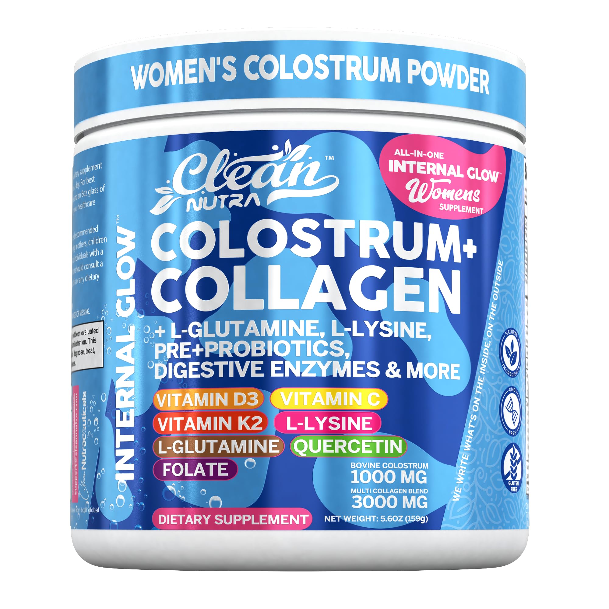 Bovine Colostrum Powder + Collagen Peptides with L-Glutamine L-Lysine Prebiotics Probiotics Digestive Enzymes Vitamin D K2 C Quercetin & Folate | Gut Health Supplement Internal Glow By Clean Nutra Clean Nutraceuticals uk supplements