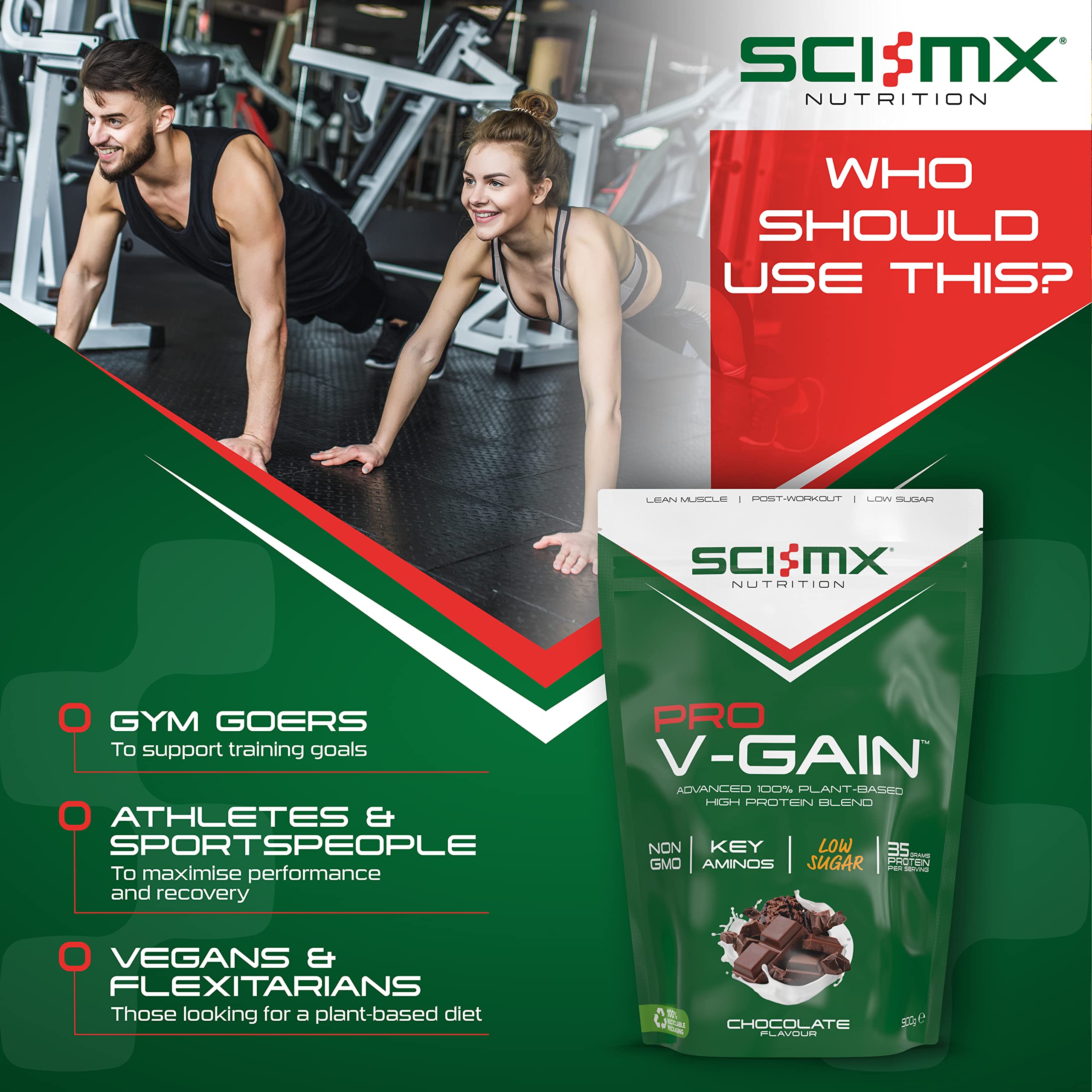 SCI-MX Pro V Gain 100% Plant Based Vegan Protein Formula With No Added Sugar - Chocolate Flavour - 900g - 20 SERVINGS SCI-MX uk supplements