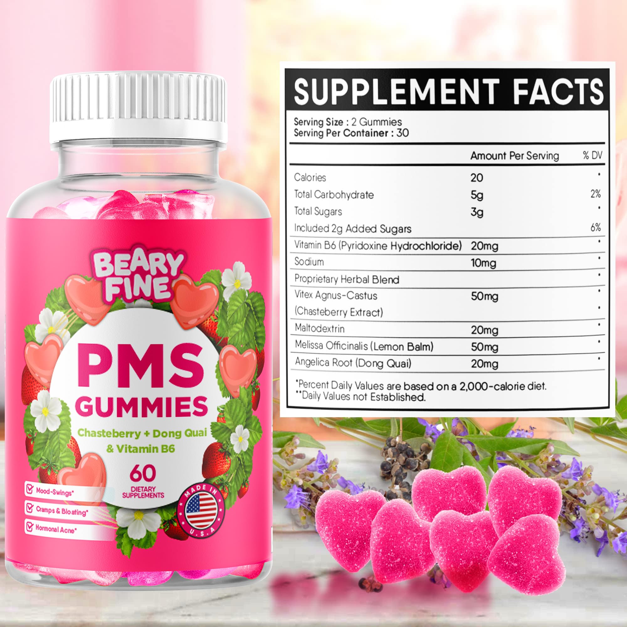 Beary Fine PMS Gummies - PMS Vitamins for Women & Teens - PMS Period Relief - Cramping, Bloating, Mood Swings - Made in The USA (Strawberry, 60 Count) Beary Fine uk supplements