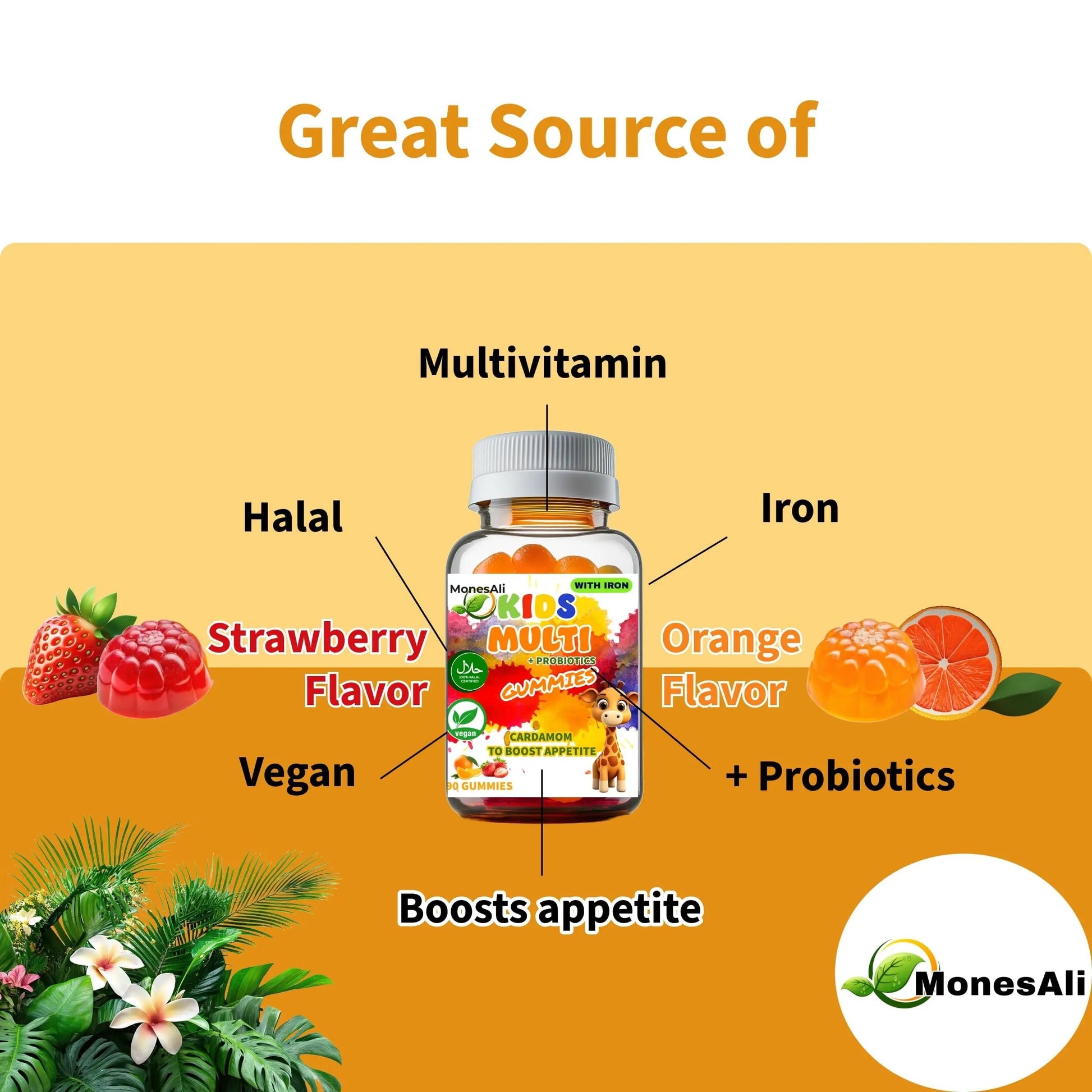 MonesAli Kids Multivitamin Gummies with Iron & Probiotics – Vegan, Gelatin-Free, Halal, Orange & Strawberry Flavors, 90 Count MonesAli uk supplements