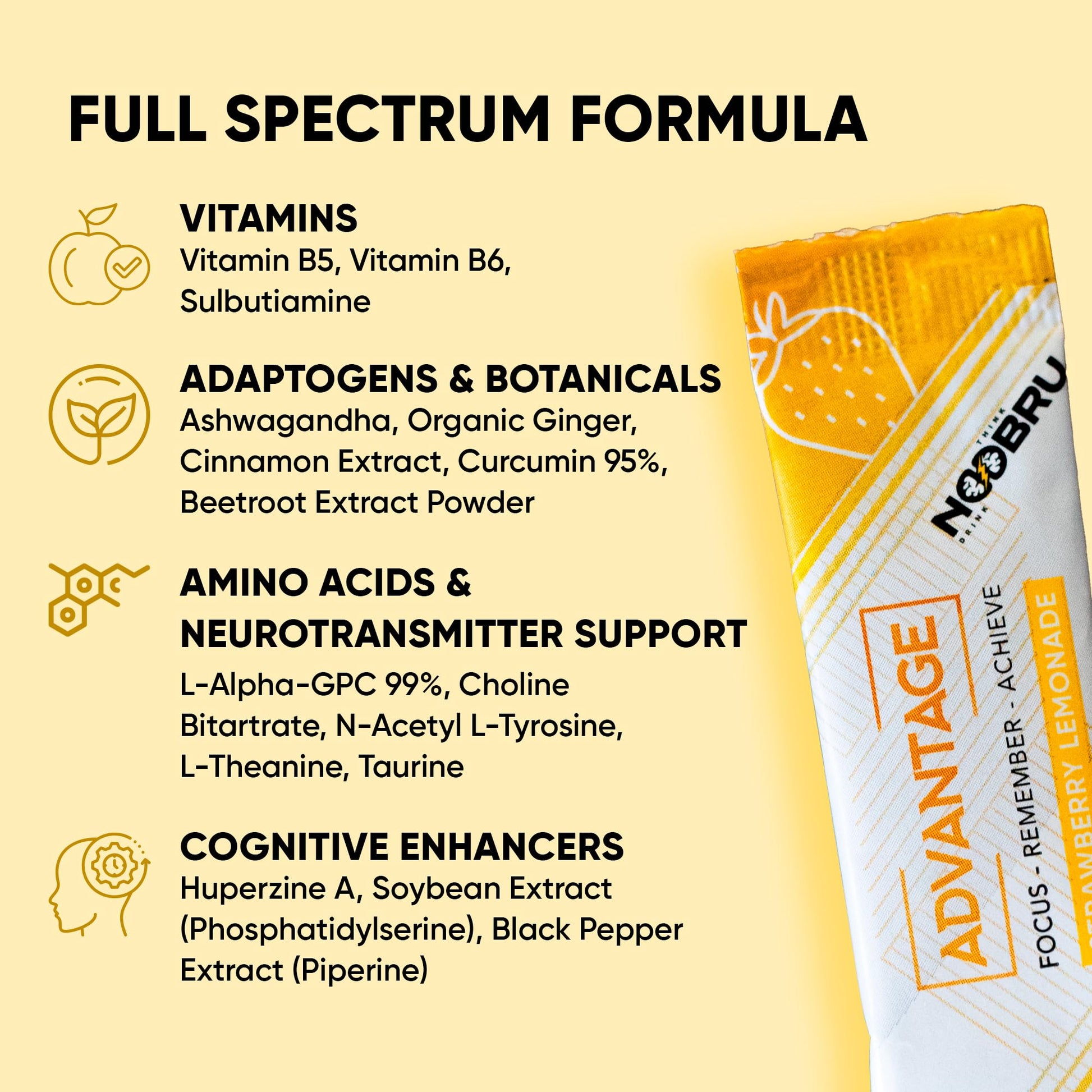 Noobru Аdvantage Nootropic - Delicious Nootropics Brain Supplement with 11 Active Ingredients - Natural Cognitive Enhancer - 20 Strawberry Lemonade Sachets - 1 Month Supply, 20 Count (Pack of 1) Noobru uk supplements