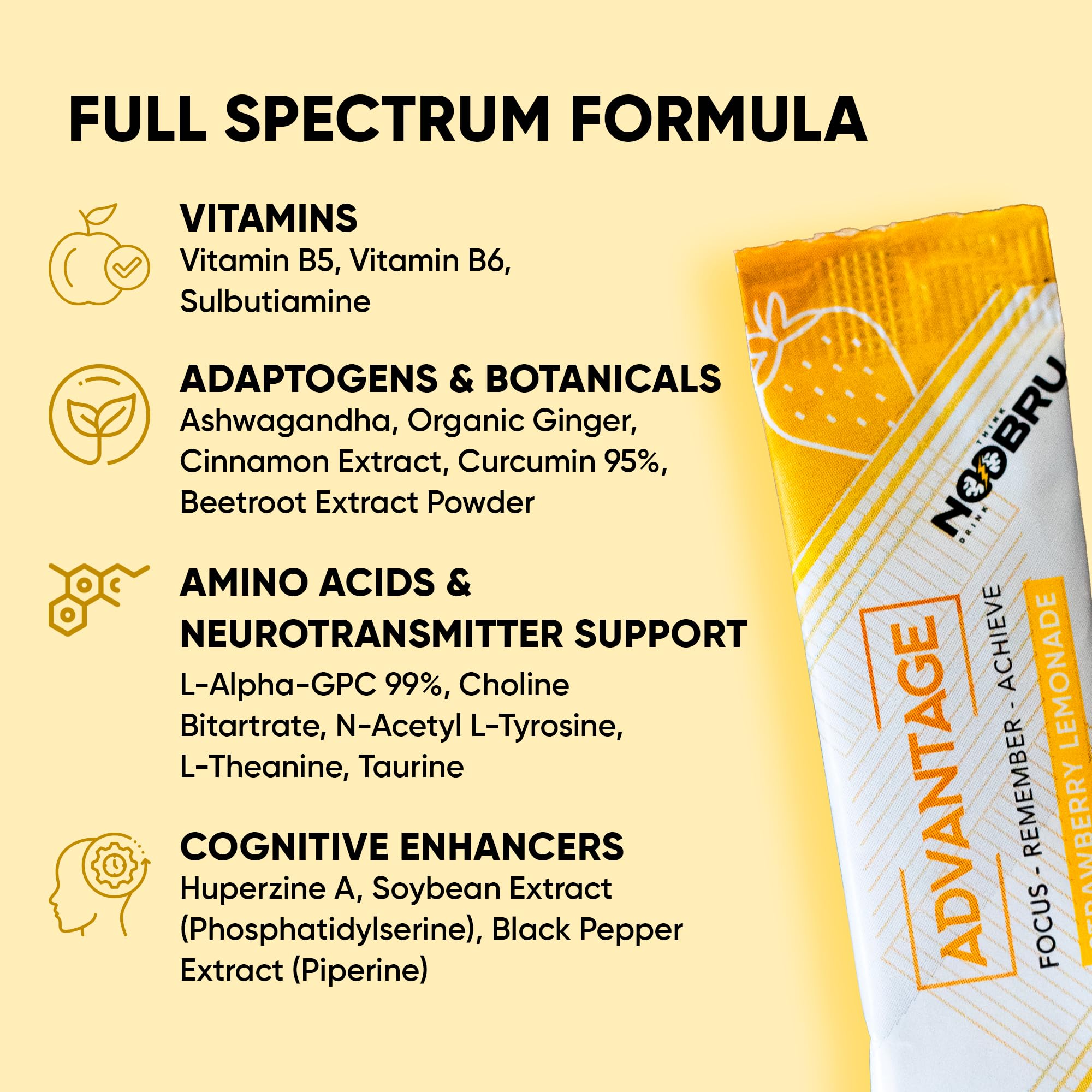 Noobru Аdvantage Nootropic - Delicious Nootropics Brain Supplement with 11 Active Ingredients - Natural Cognitive Enhancer - 20 Strawberry Lemonade Sachets - 1 Month Supply, 20 Count (Pack of 1) Noobru uk supplements