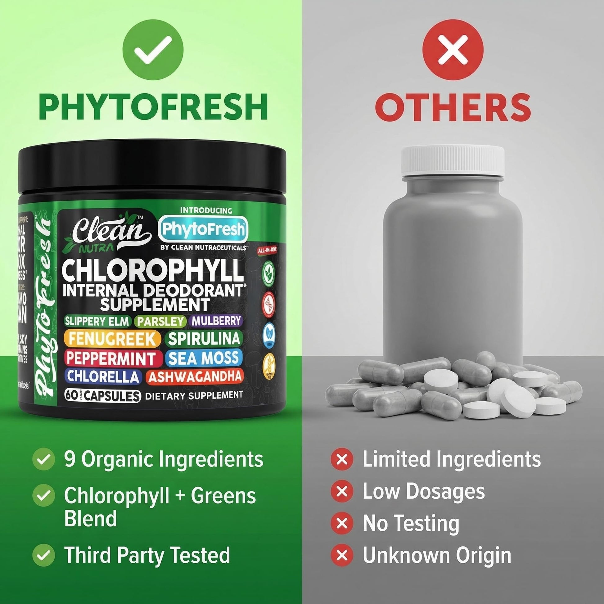 Clean Nutra Chlorophyll Capsules Supplement Internal Deodorant Peppermint, Sea Moss, Parsley, Chlorella, Spirulina, Slippery Elm, Ashwagandha, PhytoFresh Greens Detox Pills Clean Nutraceuticals uk supplements