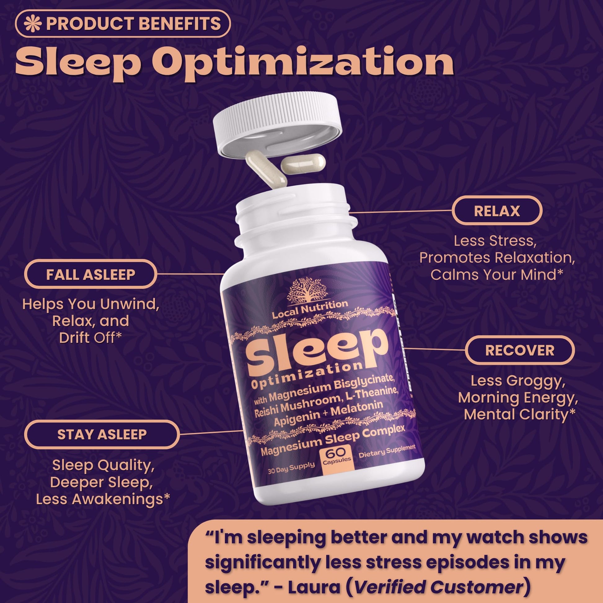 Local Nutrition Natural Sleep Aid with Magnesium Glycinate, Reishi Mushroom Extract, L-Theanine, Apigenin, and Melatonin - Sleep Supplement for Adults Seeking Deep Rest - 60 Capsules, Made in The USA Local Nutrition uk supplements