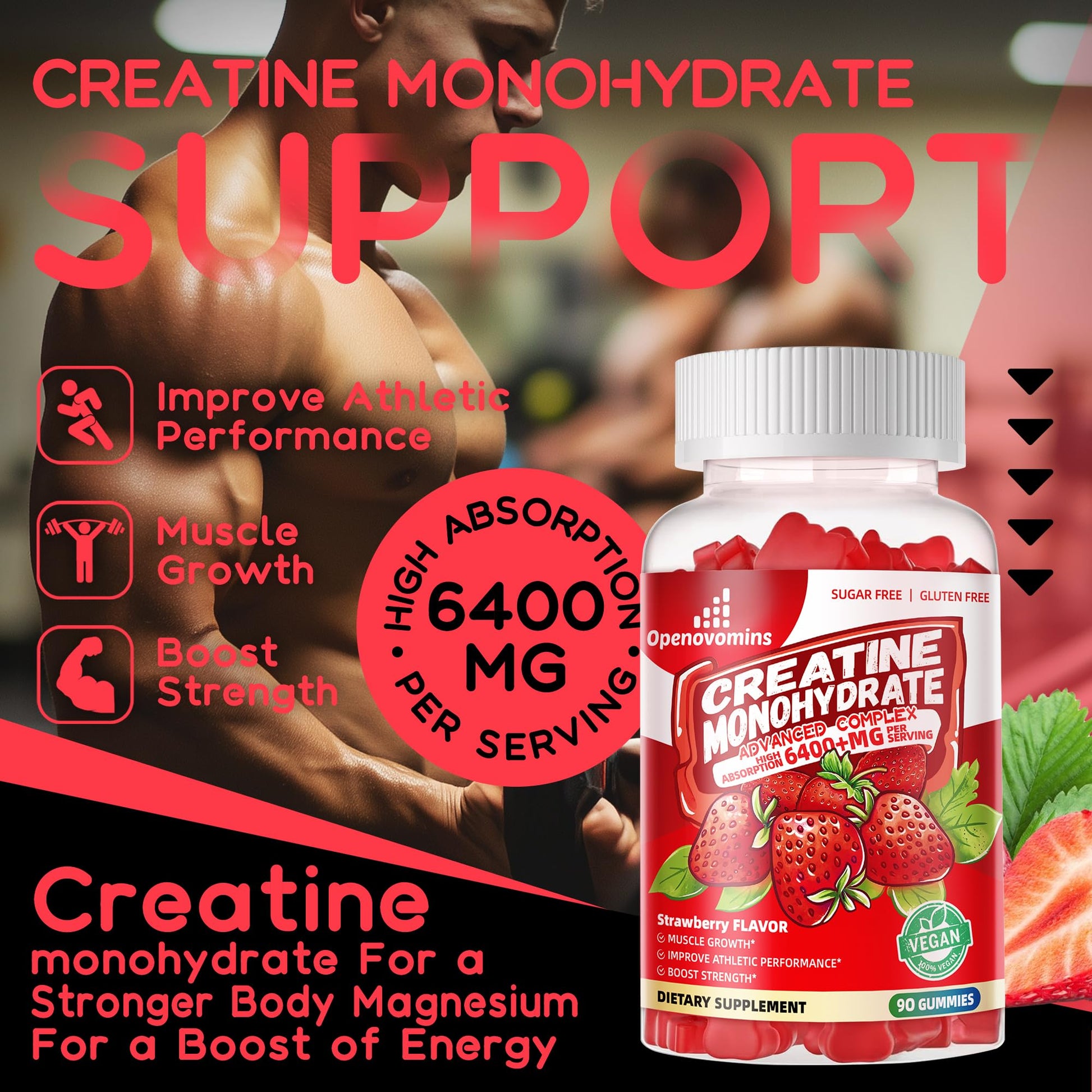 Creatine Monohydrate Gummies Complex for Men & Women -Advanced Formula W/L-Taurine + Vitamin B12, Sugar Free Chewable Supplement,90 Strawberry Gummies Openovomins uk supplements