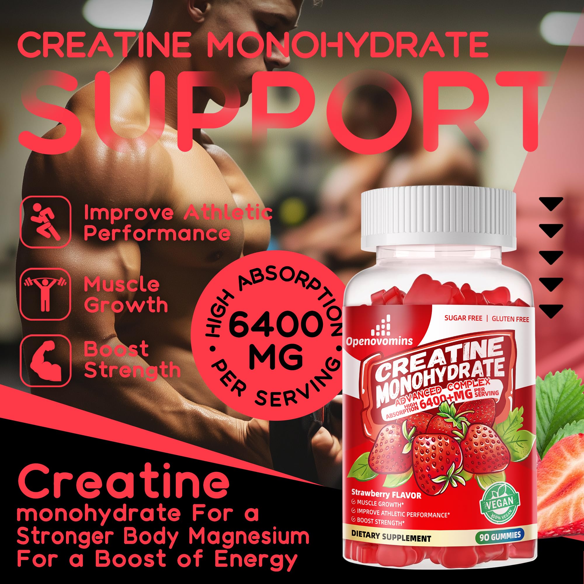 Creatine Monohydrate Gummies Complex for Men & Women -Advanced Formula W/L-Taurine + Vitamin B12, Sugar Free Chewable Supplement,90 Strawberry Gummies Openovomins uk supplements