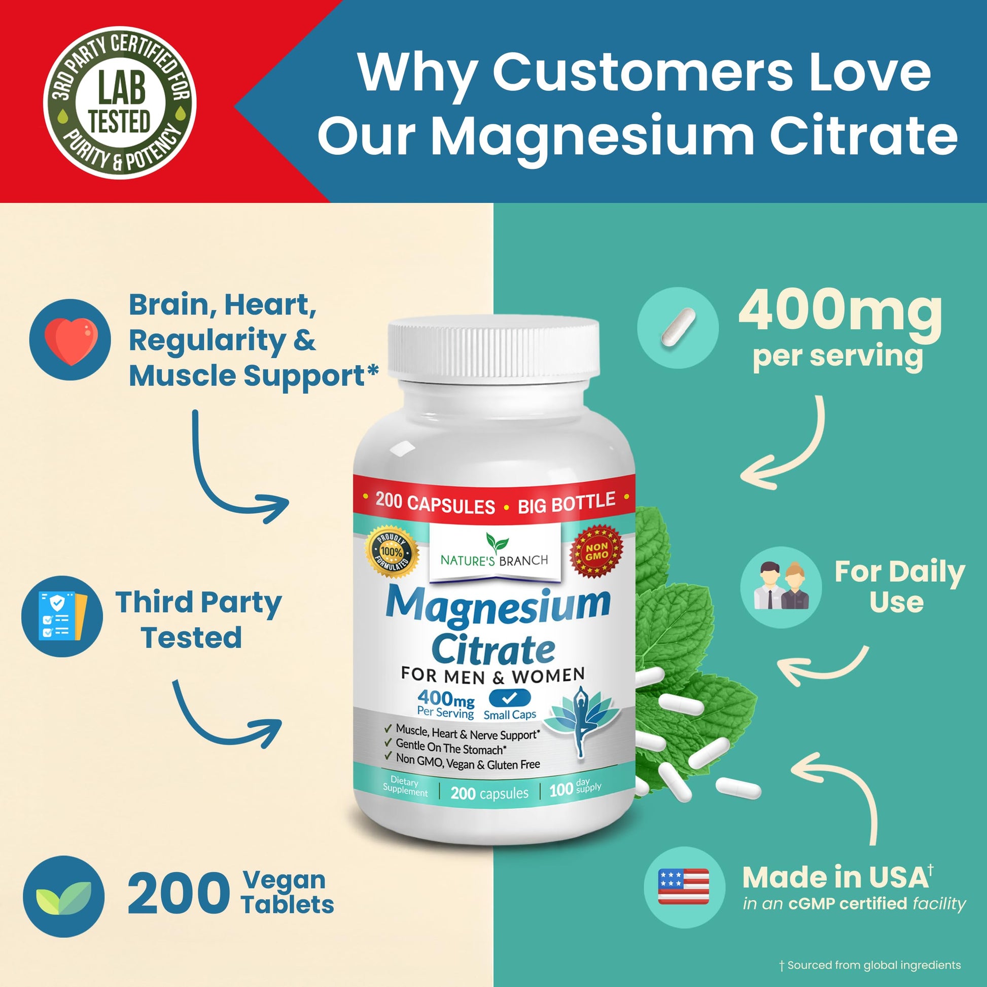 Magnesium Citrate 400mg | 200 Capsules, High Absorption for Sleep, Relax, Leg Cramps, Energy, Extra Strength Easy to Swallow Small Pills for Women & Men, Vegan Supplement for Digestion, Not Tablets NATURE'S BRANCH uk supplements