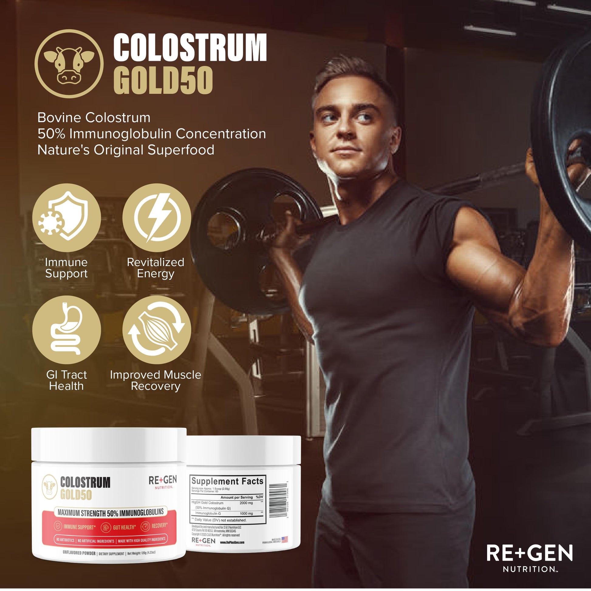 Re+Gen Nutrition Colostrum Gold 50 Bovine Colostrum Powder for Gut Health, Immune Support & Muscle Recovery – 50% IgG Concentration, Grass Fed, Gluten Free, No Artificial Ingredients Re+Gen Nutrition uk supplements