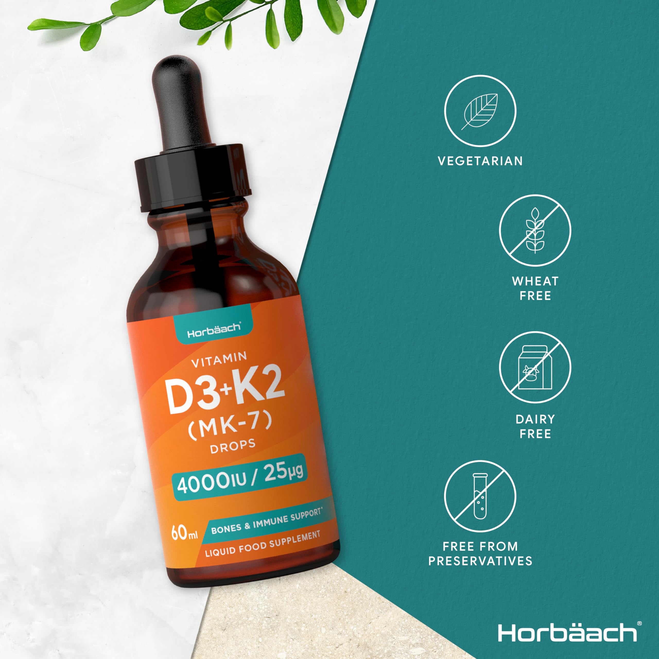 Vitamin D3 K2 Drops | 60mL | High Strength Vitamin D3 4000iu and K2 25ug | No Artificial Horbäach uk supplements