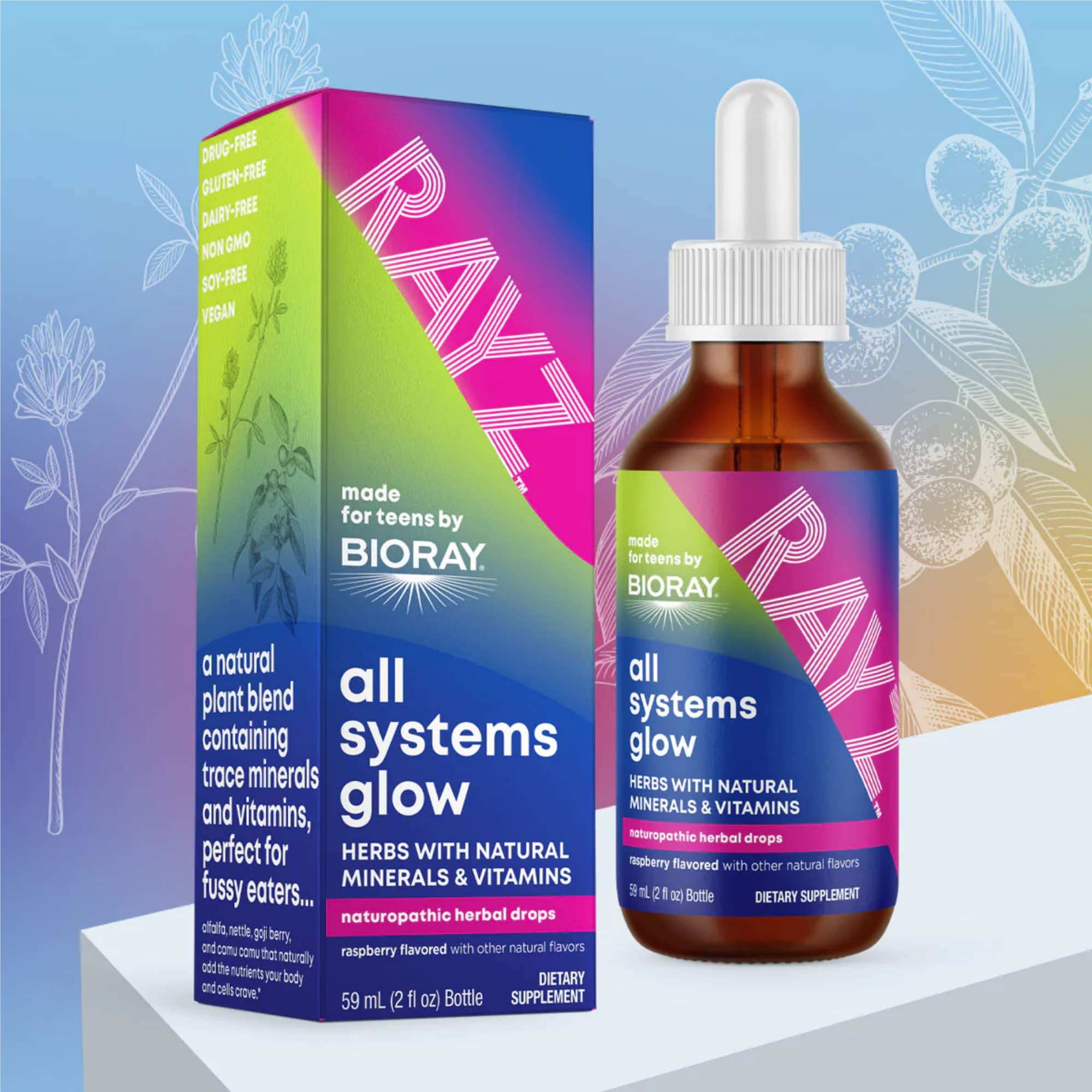 BIORAY RAYZ All Systems Glow, Raspberry Flavor - 2 fl oz - Convenient Source of Vitamins & Minerals for Teens 12-18 Years Old BIORAY uk supplements