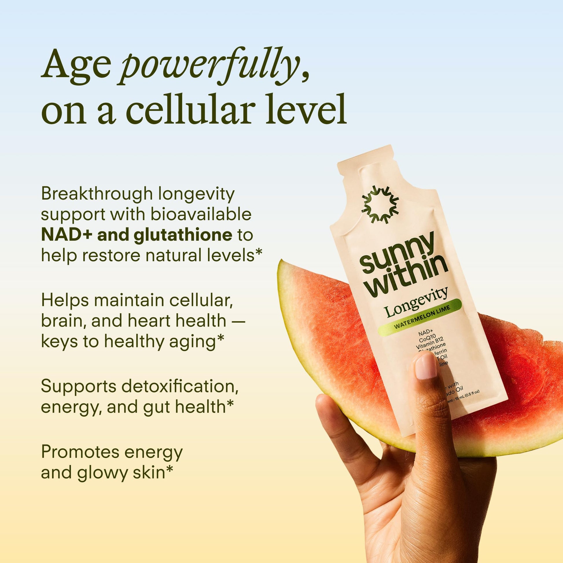 Sunny Within Longevity – Liposomal NAD+ Glutathione Supplement w/Liquid NAD+, CoQ10, B12, MCT & Avocado Oil – Cellular Health, Energy, Brain, Gut & Heart Support* – Watermelon Lime – 30 Pouches Sunny Within uk supplements