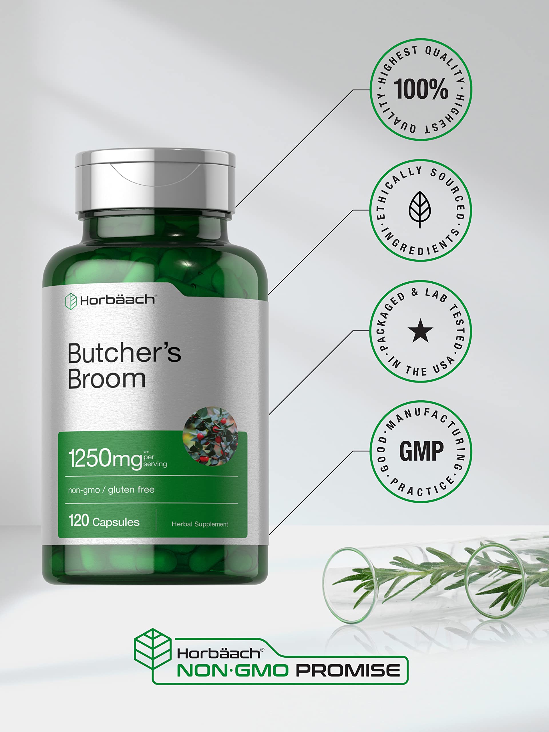 Butchers Broom Capsules 1250mg | 120 Count | Non-GMO, Gluten Free | Traditional Herb Horbäach uk supplements