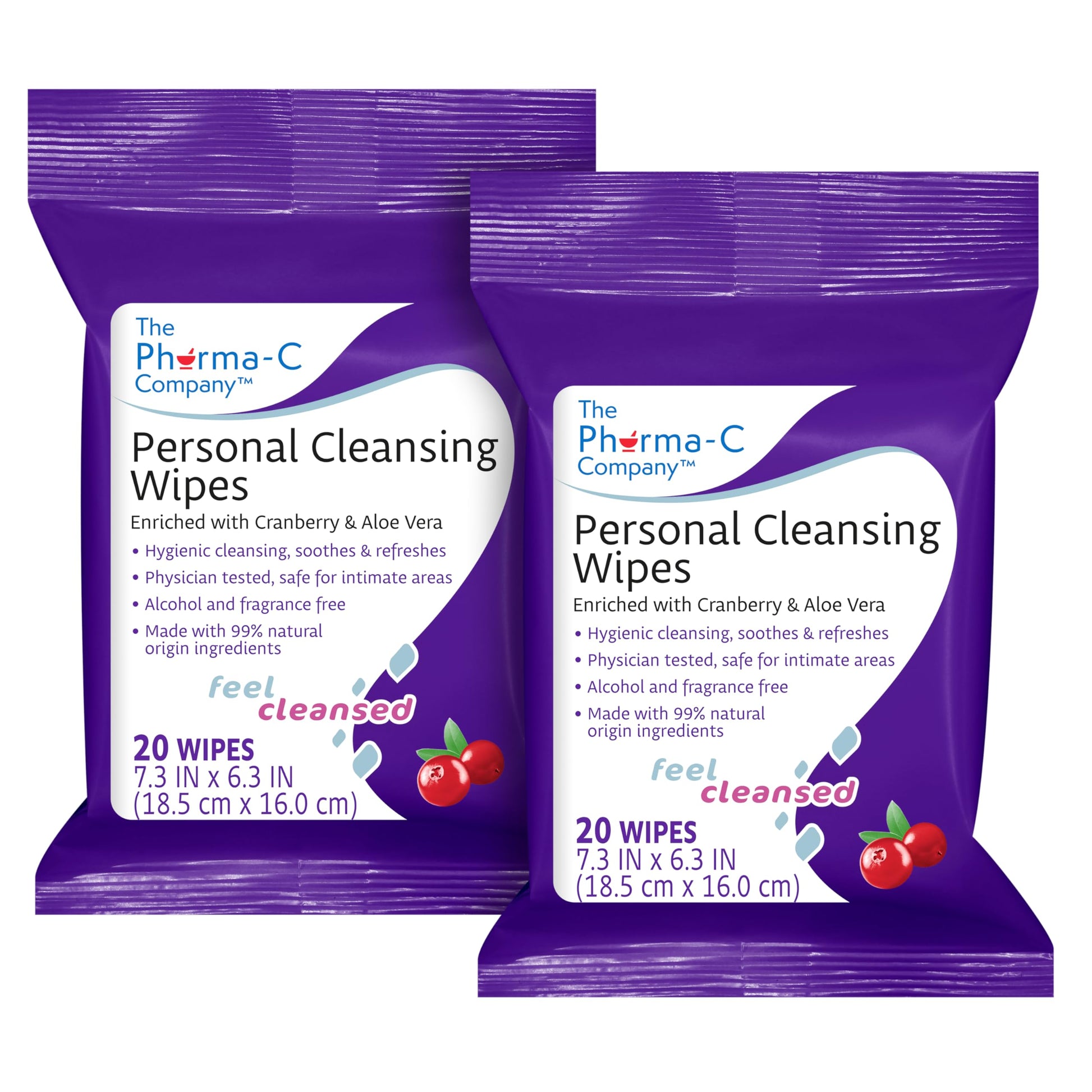 The Pharma-C Company Personal Cleansing Wipes [2 packs of 20 wipes] - Enriched with Cranberry & Aloe Vera Generic uk supplements