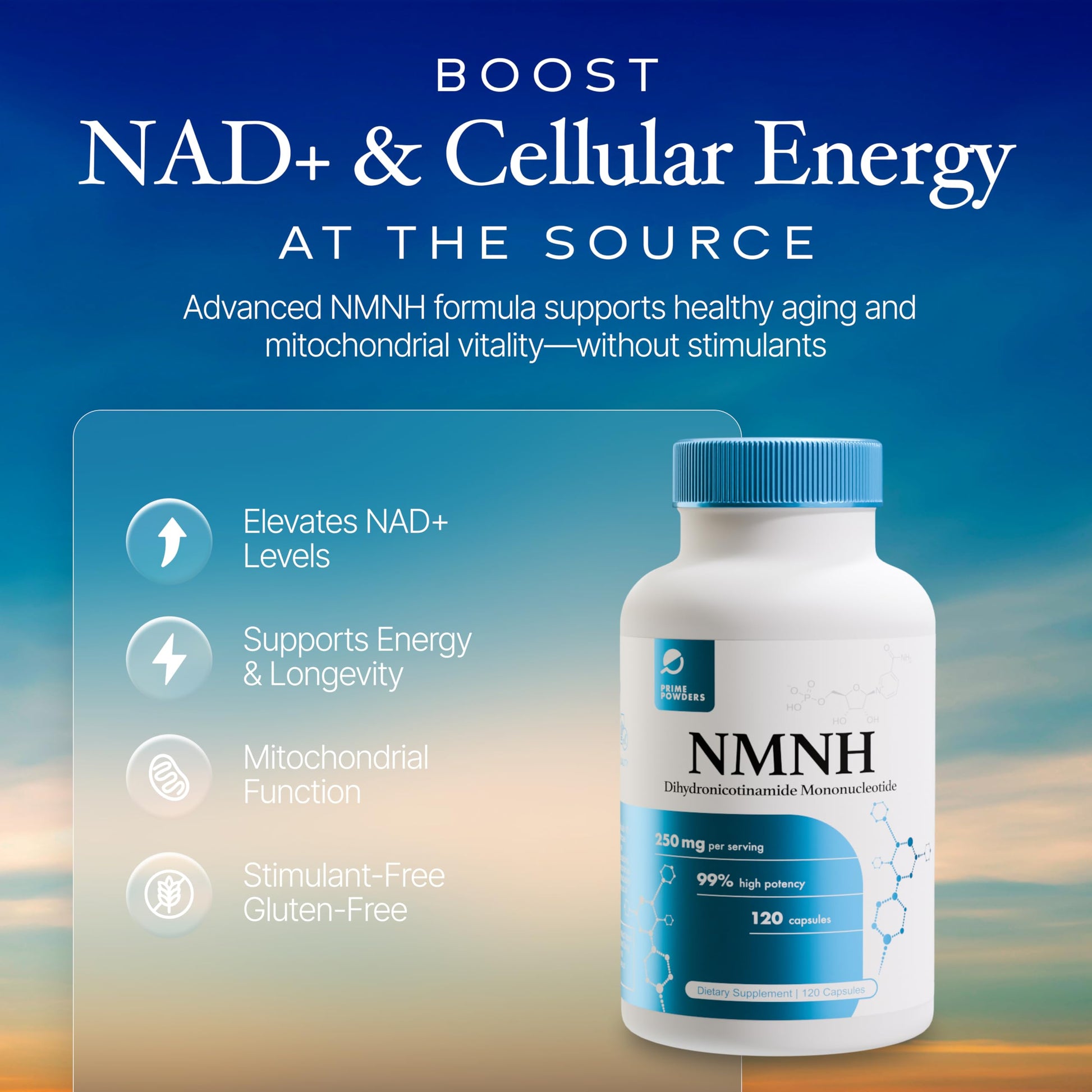 Prime Powders NMNH: Dihydronicotinamide Mononucleotide (120 Capsules) NAD+ Support NR NAD Supplement Prime Powders uk supplements
