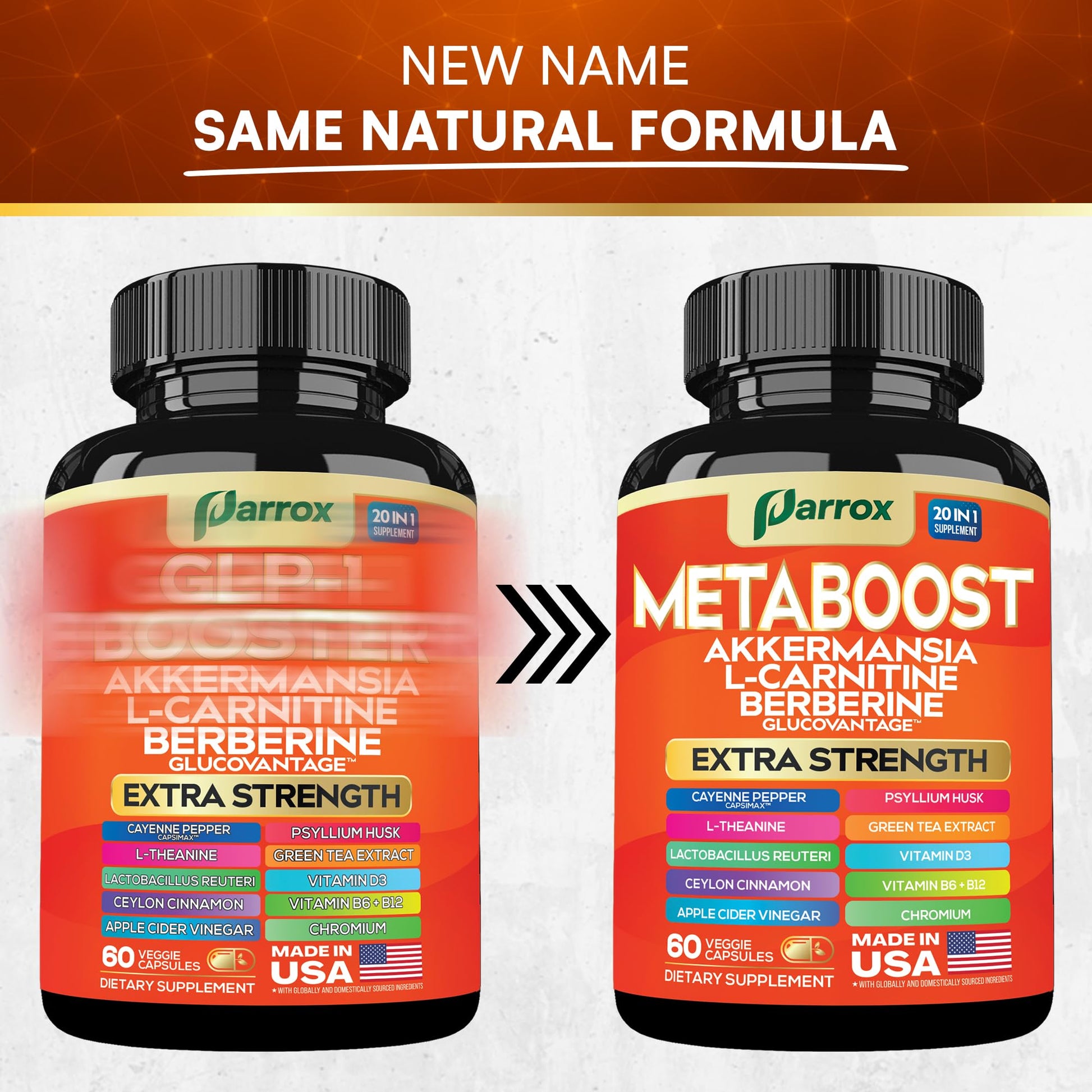 GLP-1 Booster Supplement, Akkermansia, L-Carnitine, Berberine (GlucoVantage), Methylfolate, Methylated B12, Chromium, Capsimax, Psyllium Husk, Probiotics Vitamins D3, B6, 20-in-1 Plant-Based (60 Caps) Parrox uk supplements