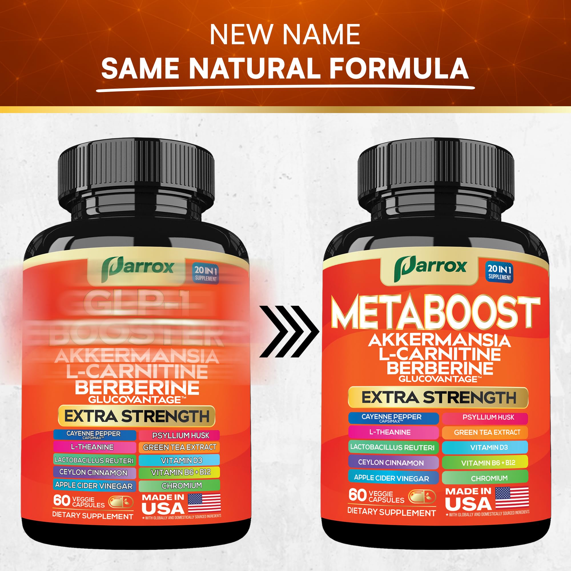 GLP-1 Booster Supplement, Akkermansia, L-Carnitine, Berberine (GlucoVantage), Methylfolate, Methylated B12, Chromium, Capsimax, Psyllium Husk, Probiotics Vitamins D3, B6, 20-in-1 Plant-Based (60 Caps) Parrox uk supplements